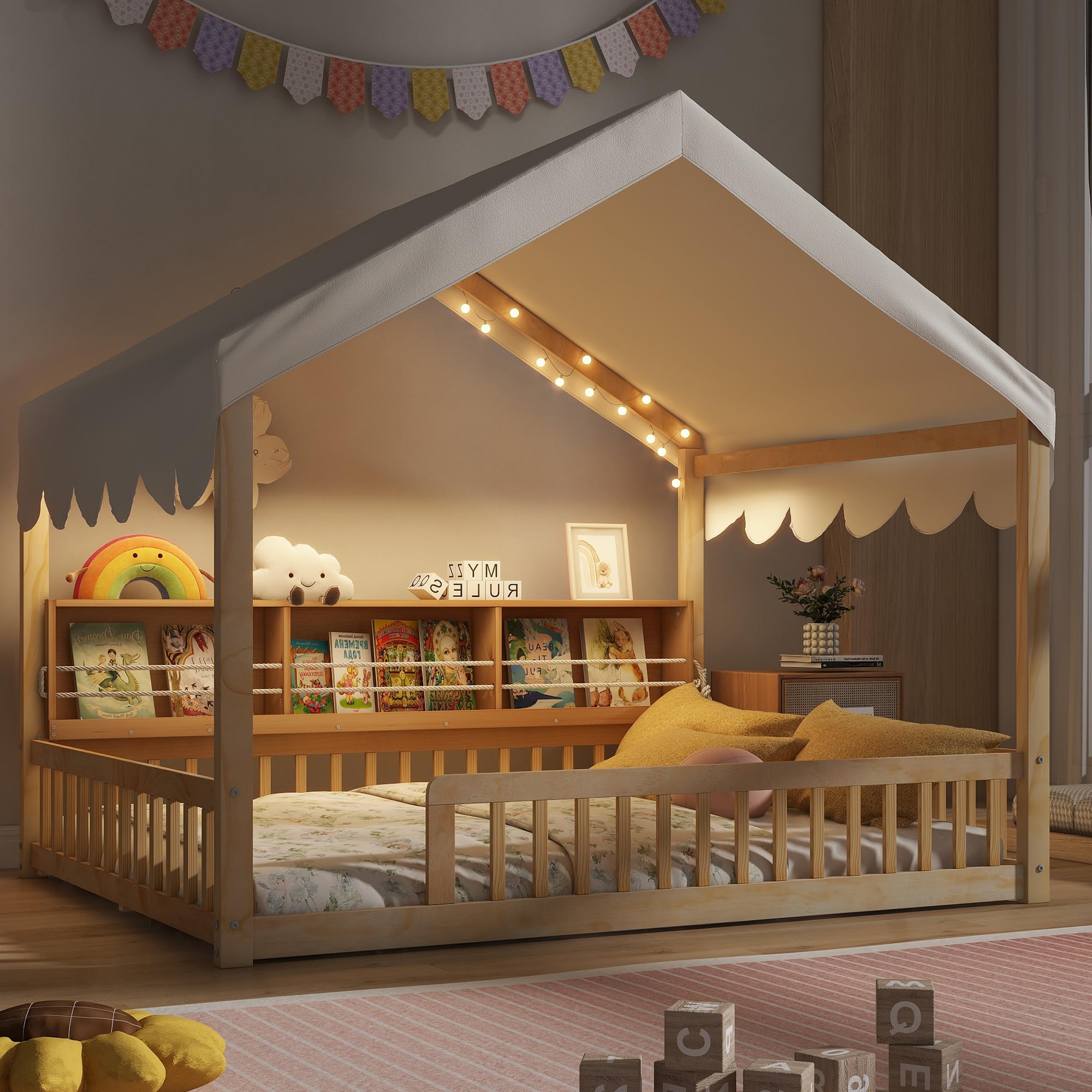 Full Size Wooden Floor Bed for Kids,House-Shaped Daybed with Fense,3 Storage Bookshelves,Curtain and LED Light (Natural+Beige6)