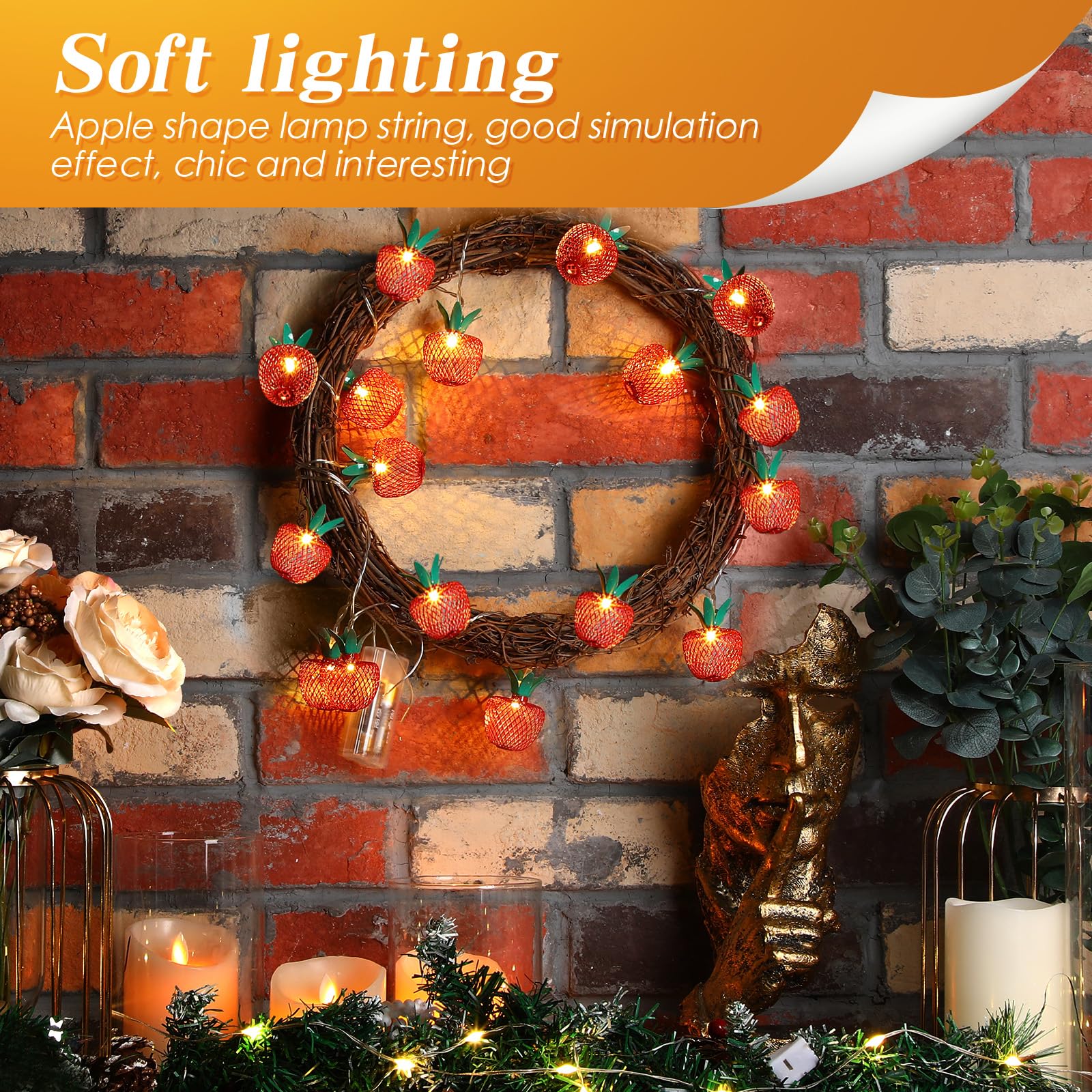 VIHOSE 3 juegos de 10 luces LED de manzana en forma de fruta, luces de hadas que funcionan con pilas, decoración de lámpara colgante LED para decoración de fiesta temática de otoño, dormitorio,