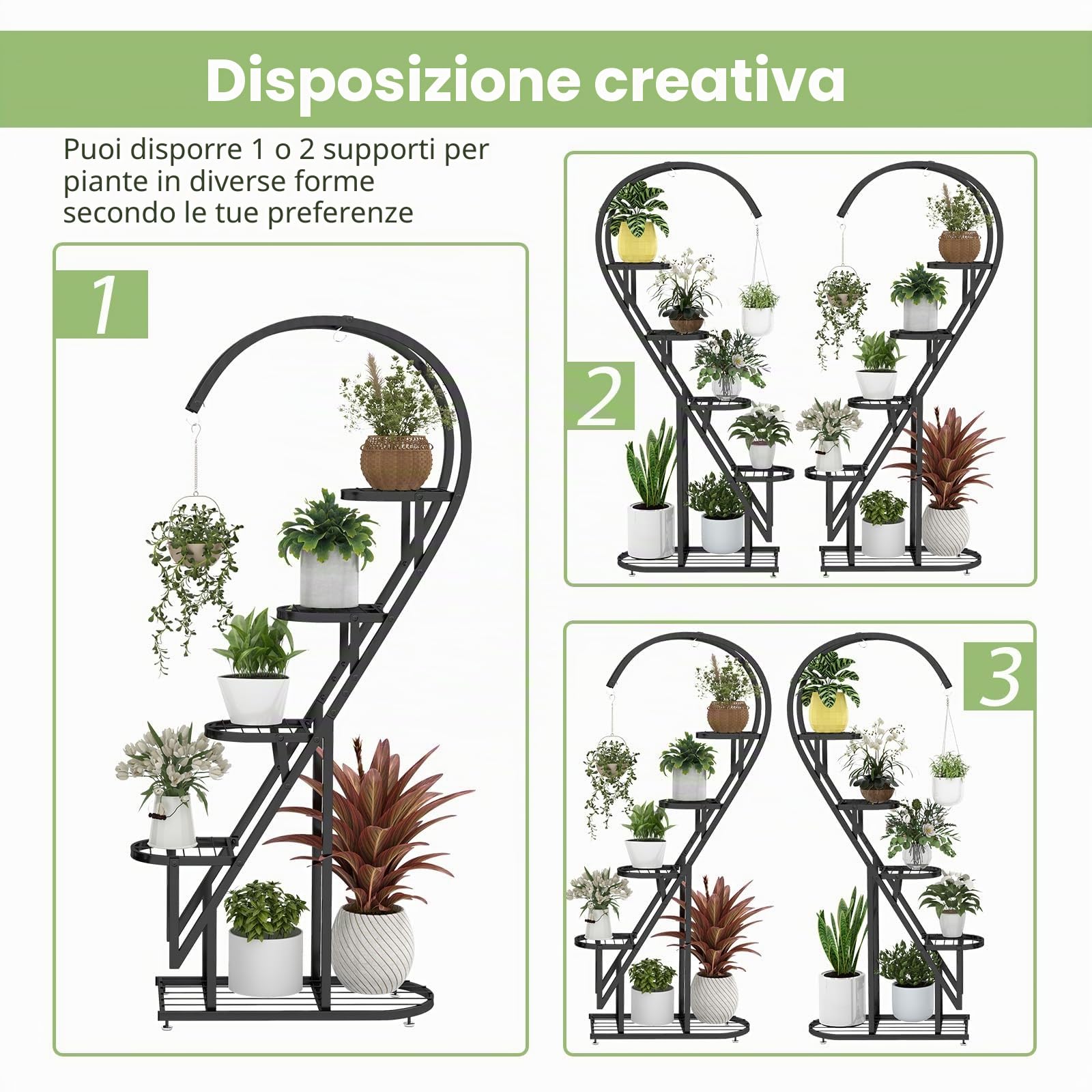 HOMASIS Scaffale Portapiante a Forma di Cuore con 5 Livelli, Portavasi in Ferro, Scaffale Multilivello con Ganci per Interni & Esterni, Adatto per Matrimoni, San Valentino (Nero)