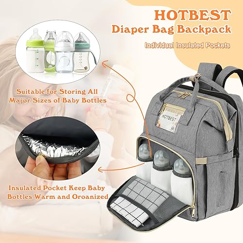 Miniatura 5 de HOTBEST Mochila para pañales con cambiador, bolsa de viaje de Baby Essentials, bolsa impermeable multifunción, correas para cochecito y puerto USB,