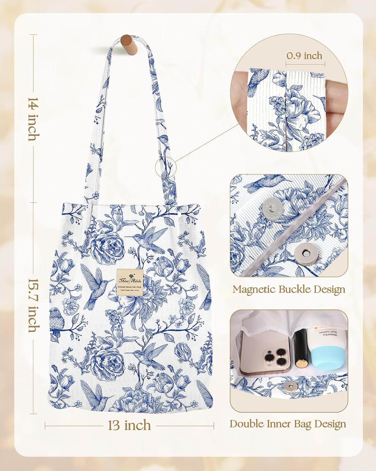 Miss Adola Corduroy Tote Bag for Women - Reusable Totes with Pocket & Buckle Cute Aesthetic Shoulder Bag for Work Travel - Image 5