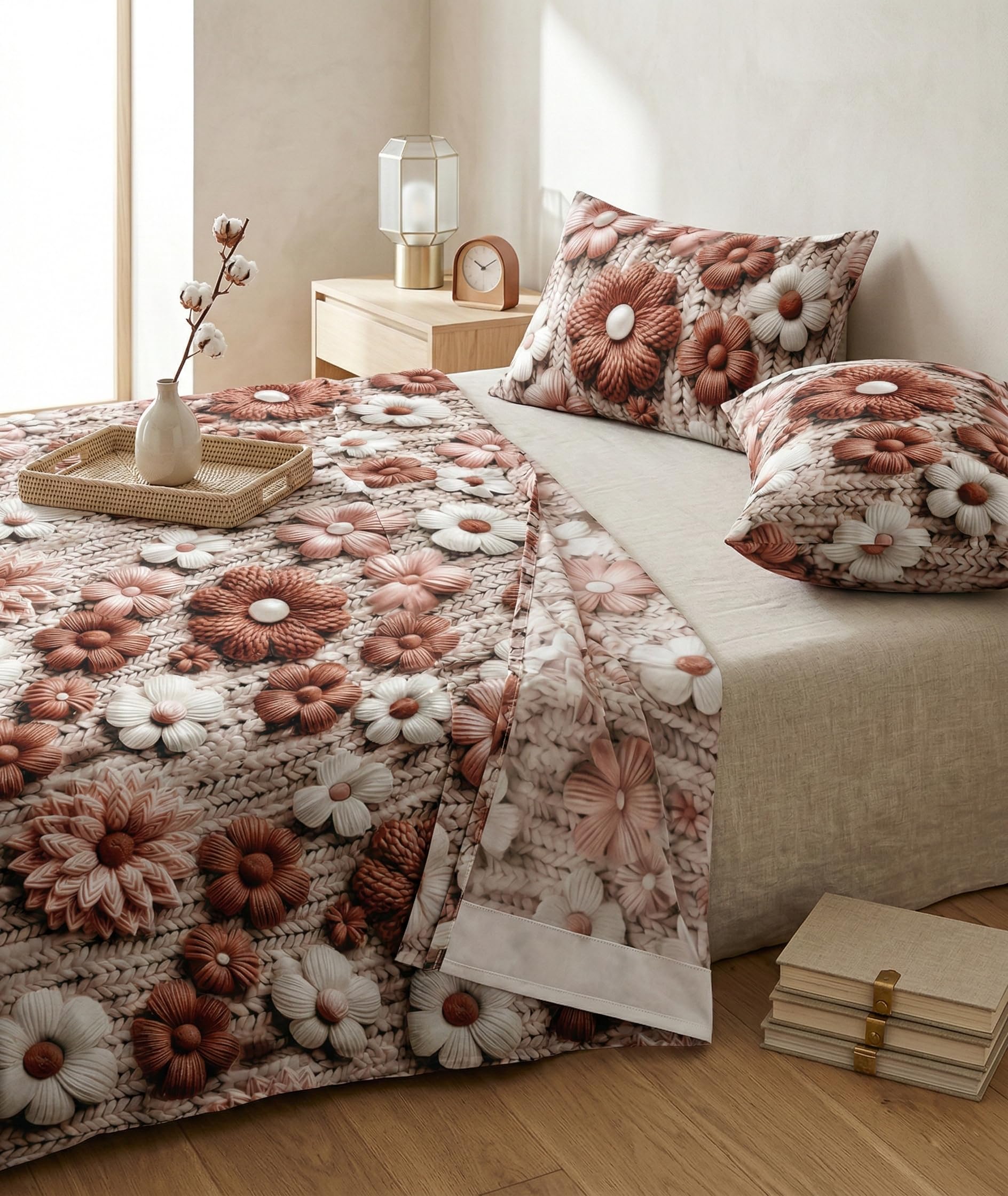 LOOMLYFE 300 TC 7D Cotton Feel Glace Cotton Elastic Fitted Printed King Size Double Bed Bedsheet with 2 Pillow Covers Fits Upto 8 inches Mattress, Size- 72X78 Inches - RedBigFlower