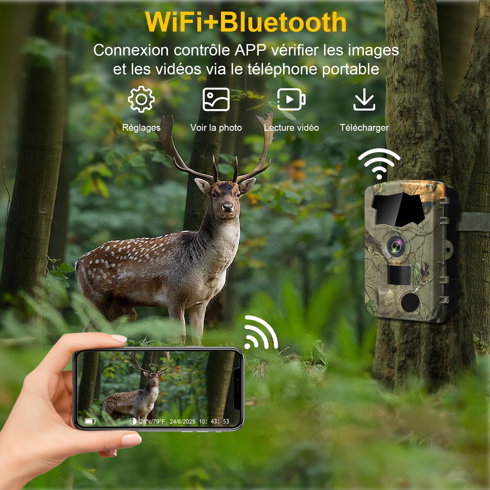 Caméra de Chasse 5K WiFi, Full HD 64MP Caméra Chasse Connectée au Téléphone | Caméra Infrarouge avec Carte SD 32 Go et 8 Piles AA, Vision Nocturne, Détection 0,1s, Angle 130°, IP66, Jardin, Extérieur