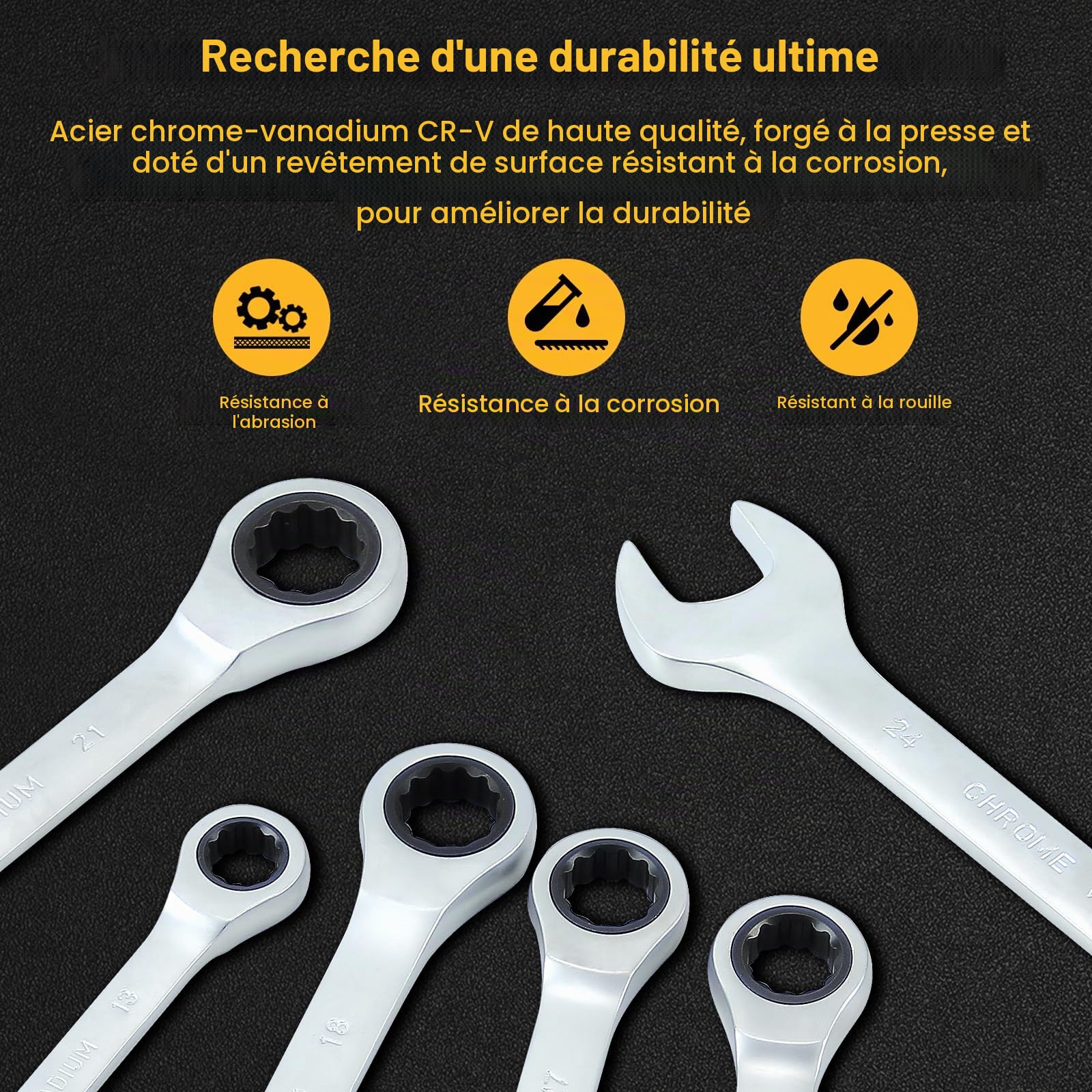 Walter Stahl Germany 22 pièces de clés à cliquet, jeu de clé à cliquet, clé à molette ouverte 6-32 mm pour réparation de vélo et de voiture, 72 dents, plage de rotation de 5°, acier Cr-V