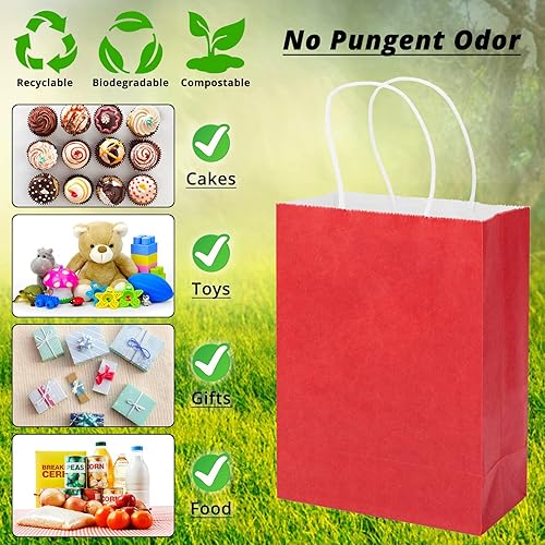 Miniatura 4 de Paquete de 100 bolsas de regalo pequeñas de 15 x 8 x 21 cm, bolsas kraft rojas con asas a granel para recuerdos de fiesta de cumpleaños, bolsas de