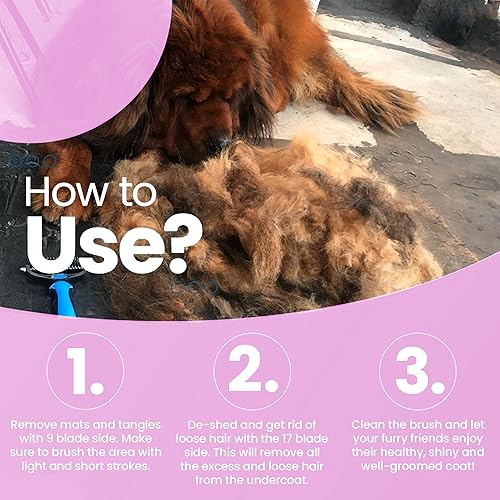 Miniatura 7 de Cepillo de aseo para mascotas, peine de desprendimiento y herramienta de desenmascaramiento para perros y gatos, rastrillo extra ancho, color rosa