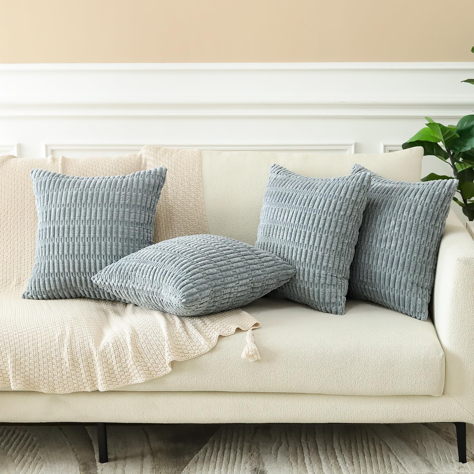 Sungeek Set of 4 Soft Corduroy Decorative Cushion Covers 40x40cm Square Striped Throw Pillow Covers 16x16 Inch for Sofa Couch Living Room Patio Farmhouse Boho Home Decor Pillowcases (Grey) - Image 3