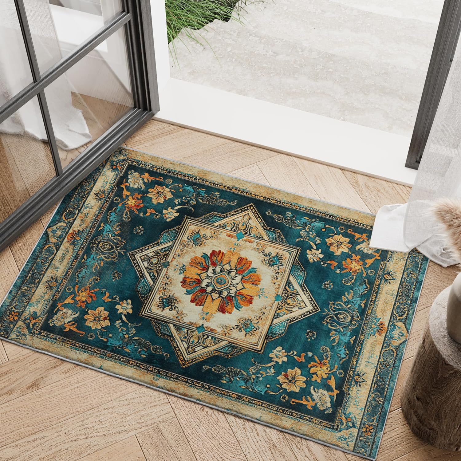 Blue Boho Area Rug 3x5 Vintage Floral Carpet Washable Door Mat Low Pile Indoor Outdoor Floor Rugs Flower Medallion Soft Non Slip Rug for Entryway Bathroom Bedroom Beside Kitchen Home Decor 3'x5'