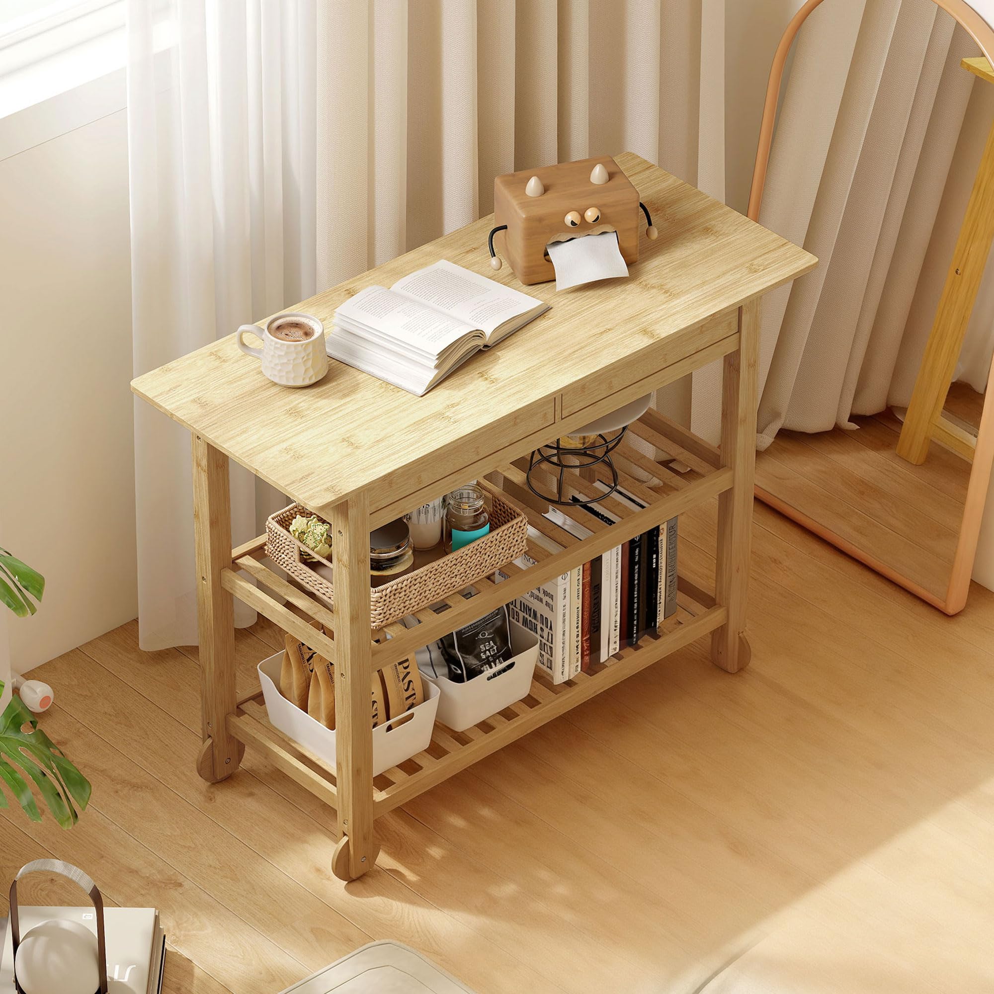 HOMCOM Carrello Cucina in Bambù con 2 Rotelle e 2 Gambe, Carrello Cucina Salvaspazio con 2 Ripiani a Doghe e 2 Cassetti, Carrellino Portaoggetti Multiuso per Soggiorno, 100x43x75 cm, Color Legno