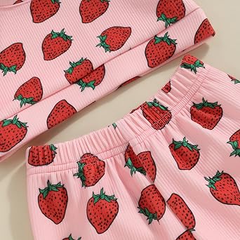 Honganda Fashion 2Pcs Toddler Baby Girl Strawberry Outfit Set Ruffle Short Sleeve Crop Top Flared Pants Summer Knit Clothes