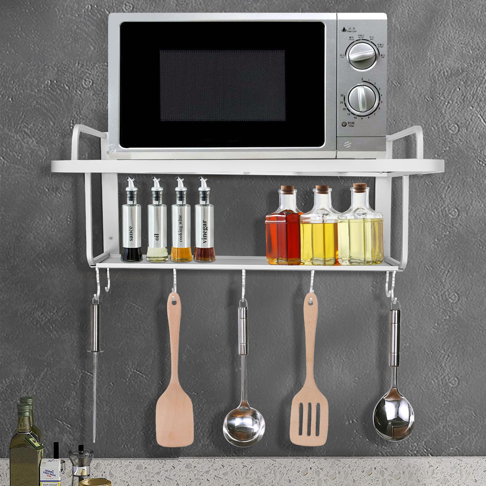 Soporte para microondas de Pared de 2 Niveles, Estante de Pared para microondas, Estante con 10 Ganchos, Estante para Horno de microondas para Cocina, Color Plateado