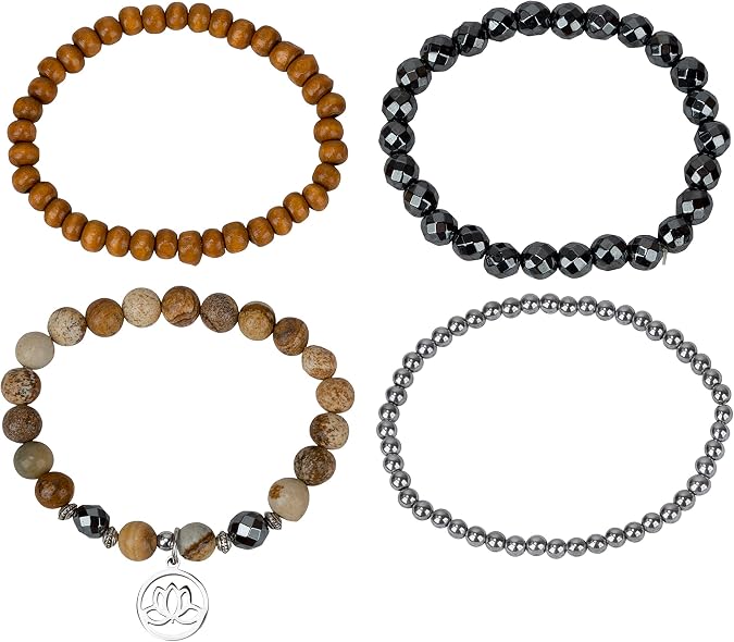 SPUNKYsoul Lotus Beginnings Bracelet Hematite Stack Set, Crystal Protection Jewelry, Spiritual Negative Energy Balancing Beads, Purple Tigers Eye Chakara Adjustable Gift