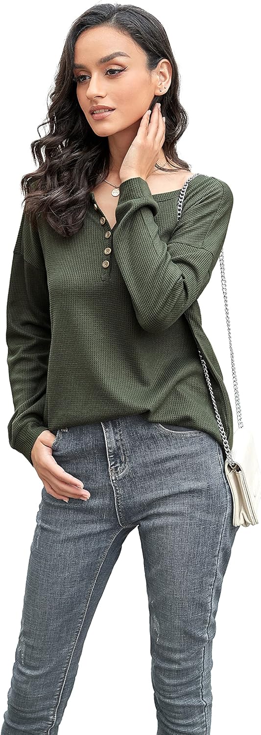 Iandroiy Womens Long Sleeve V-Neck Button Causal Tops Blouse T Shirt Waffle Knit Tunic Tops - Image 6