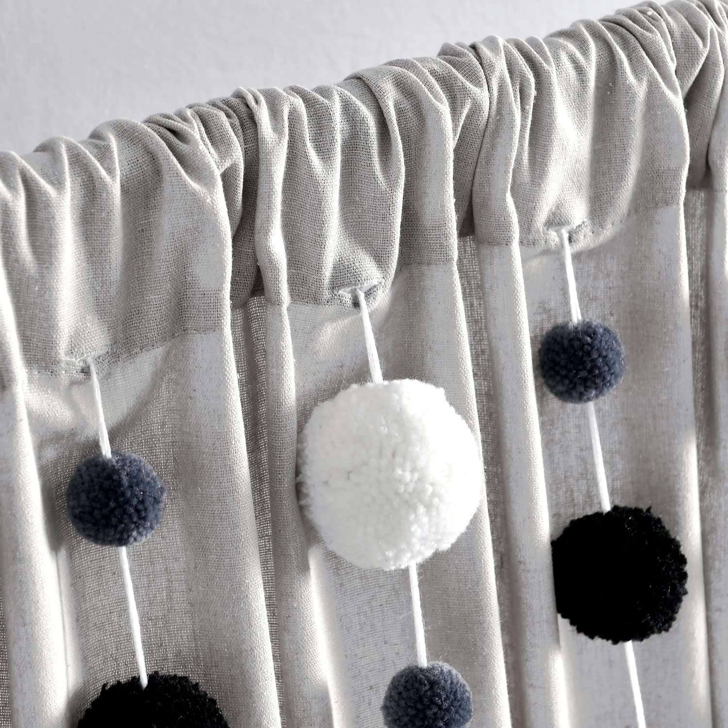 Lush Decor Boho Pom Pom Tassel Linen Window Curtain Panel (Single Panel), 95" L x 52" W, Gray & Black - Image 2