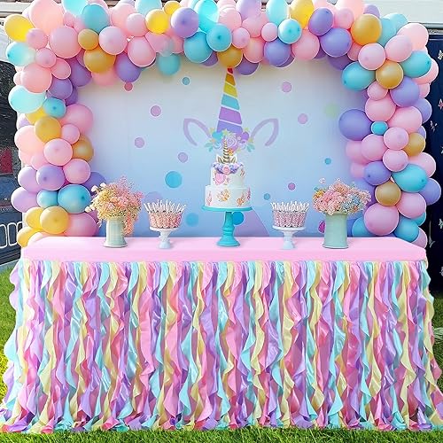 Miniatura 6 de Faldas de mesa tutú de unicornio con cubierta de mesa rosa para mesa rectangular de 6 pies, mantel ajustable con volantes arco iris para fiesta de