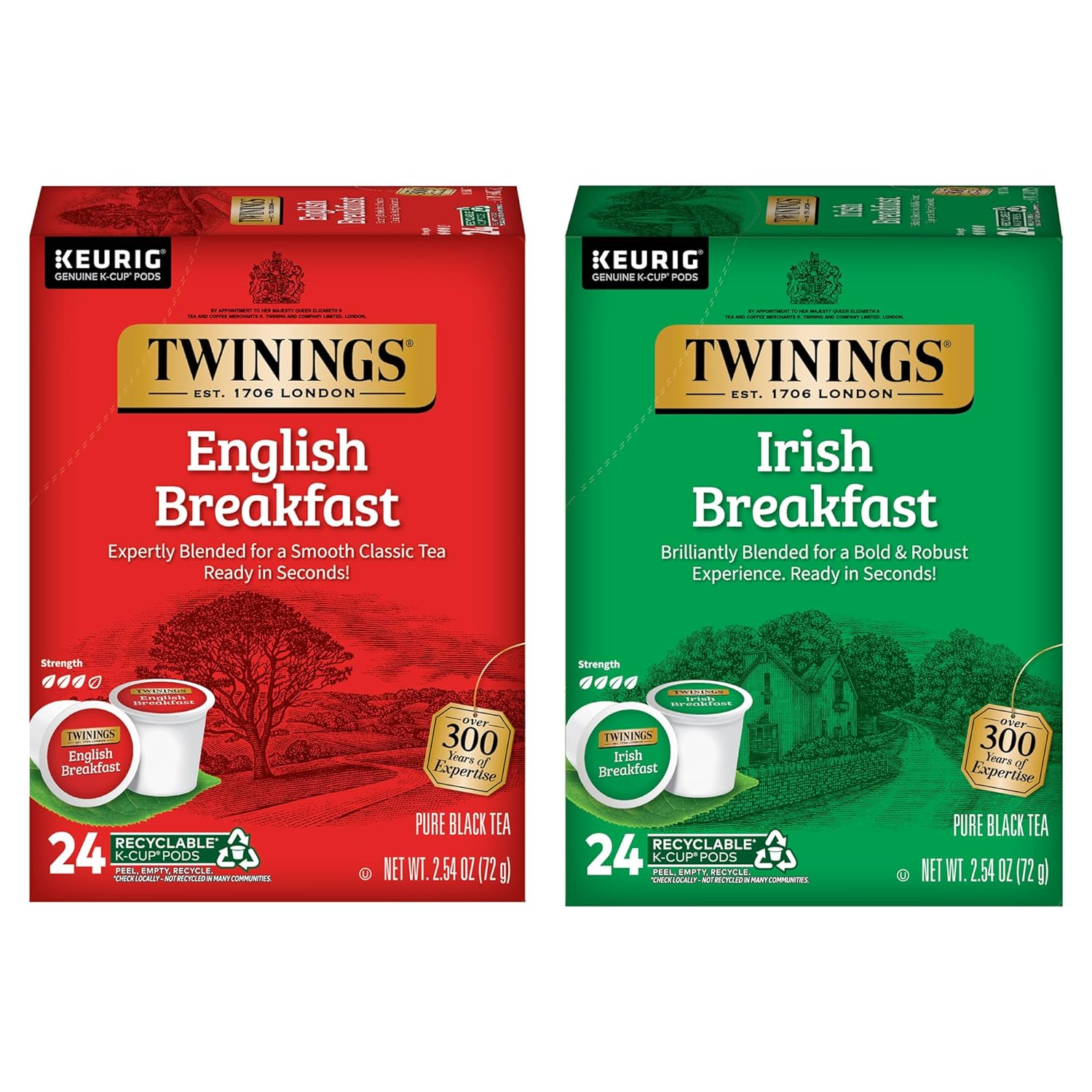 Twinings English Breakfast Black Tea K-Cups for Keurig, 24 Count (Pack of 1) + Irish Breakfast Black Tea K-Cups for Keurig, 24 Count (Pack of 1)