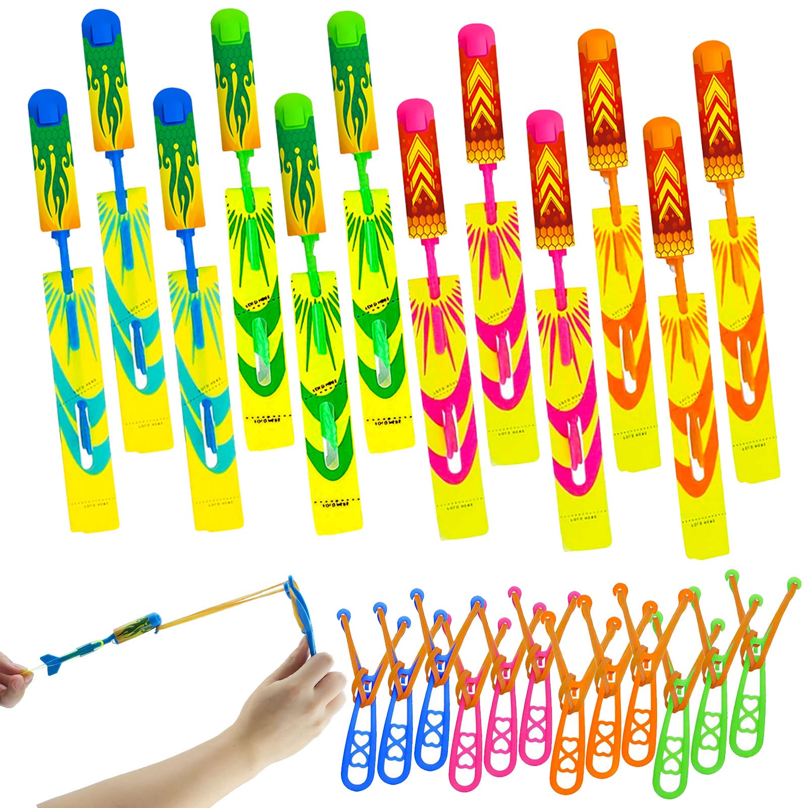 Slingshots Rocket Launcher with LED Lights for Kids, 12 Slingshots+12 Glow Helicopters, Flying Toys Glow in The Dark Party Favors for Kids-12 Pack