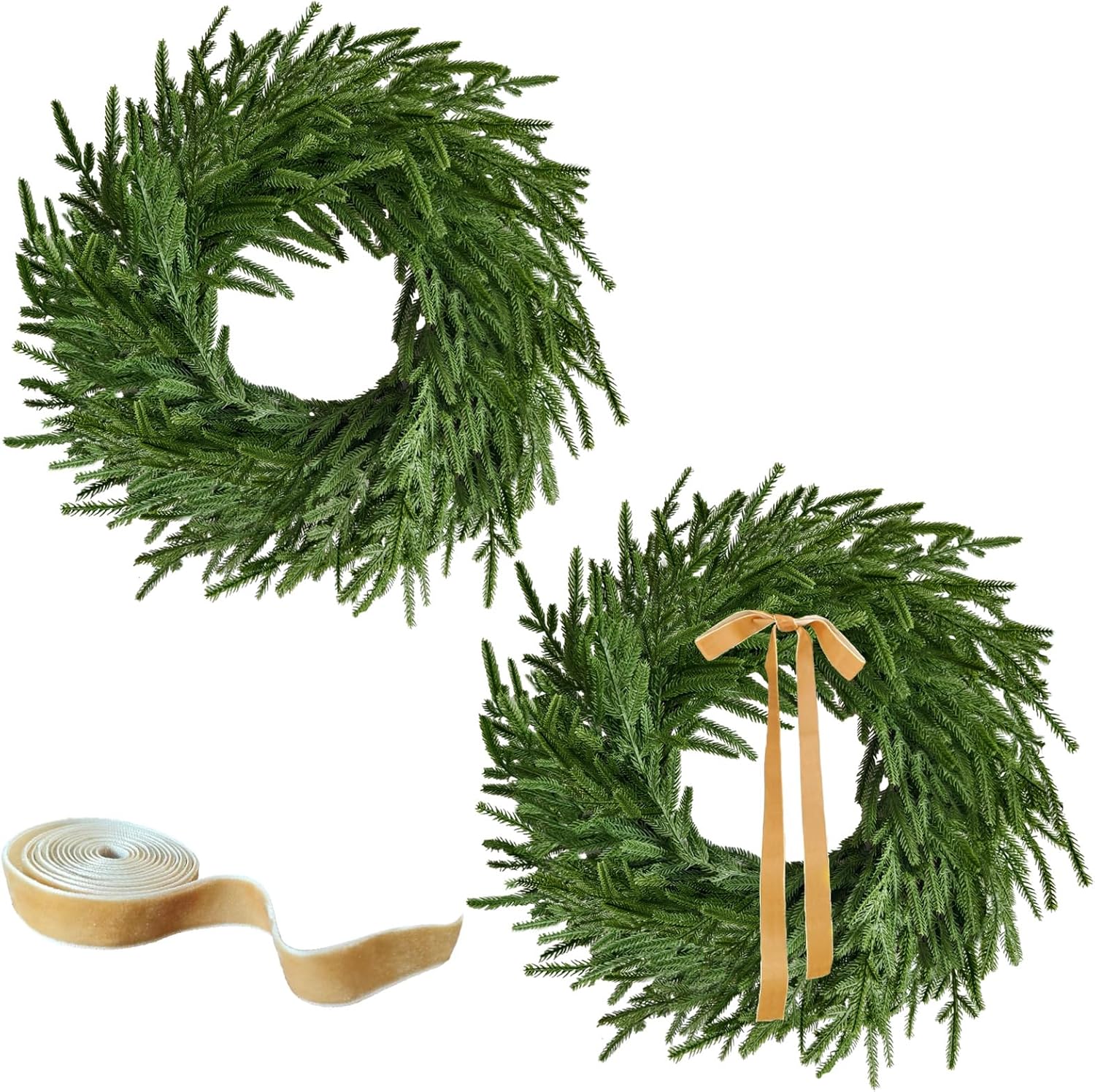 24 Inch Real Touch 2 Pcs Norfolk Pine Wreath Christmas Decorations for Front Door, Artificial Plants Green Christmas Wreath with Lights Home Decor, Xmas Decor for Mantel Wall Holiday Winter Decor 2 Pcs Green