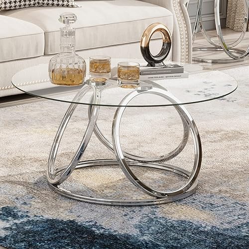 Miniatura 7 de Mesa de café plateada O&K FURNITURE, mesa de café moderna de cristal para sala de estar con marcos en forma de anillo, mesa de café de cristal para