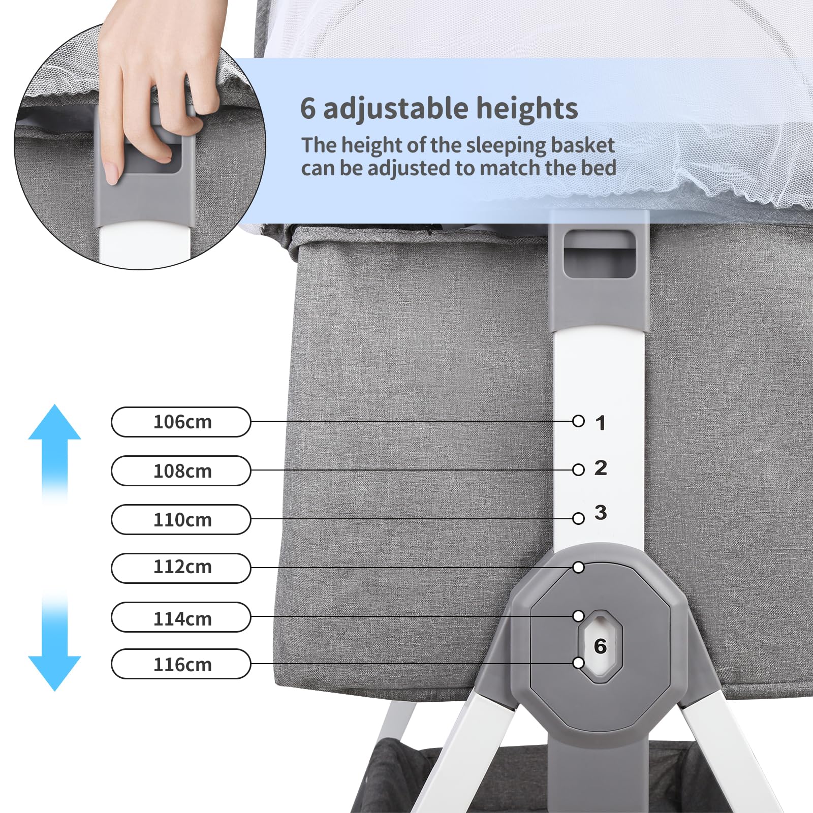 Berceau Cododo 3 en 1 pour Bébé avec Matelas Moelleux et Moustiquaire, Réglable en Hauteur et Inclinaison, 4 Roues, Gris 80x40x100-115cm, 1-36 Mois