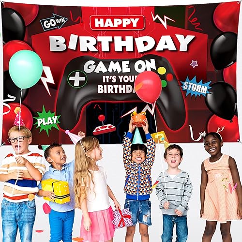 Miniatura 6 de Sumind Telón de fondo de videojuegos de feliz cumpleaños, decoración de fiesta de videojuegos, telón de fondo de cumpleaños para niños, fondo de
