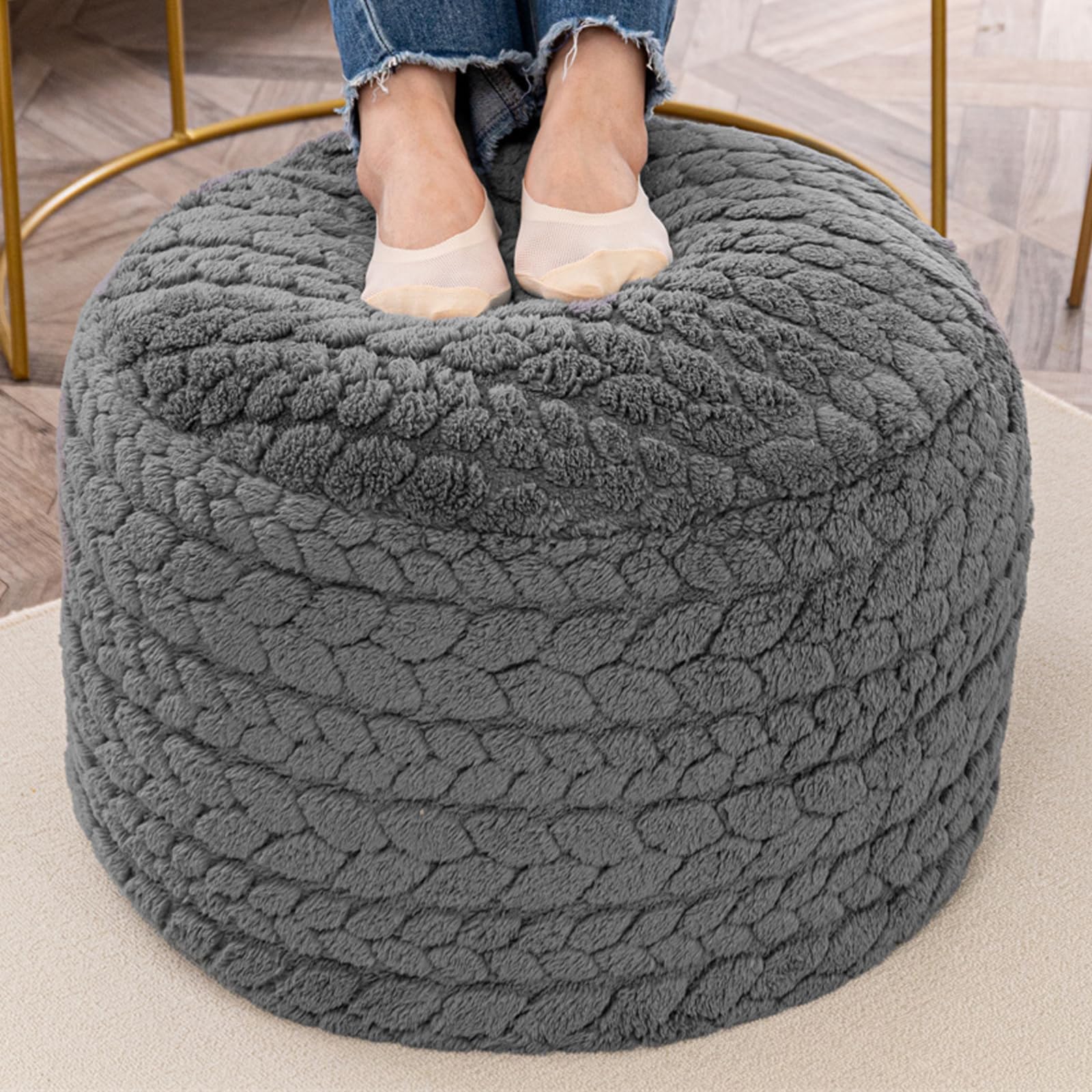 Round Pouf Ottoman 20 x 20 x 14 Inches Boho Poof Home Decor Floor Pouffe Ottoman Foot Rest for Couch Sofa Bean Bag Chairs Living Room Bedroom (Grey)