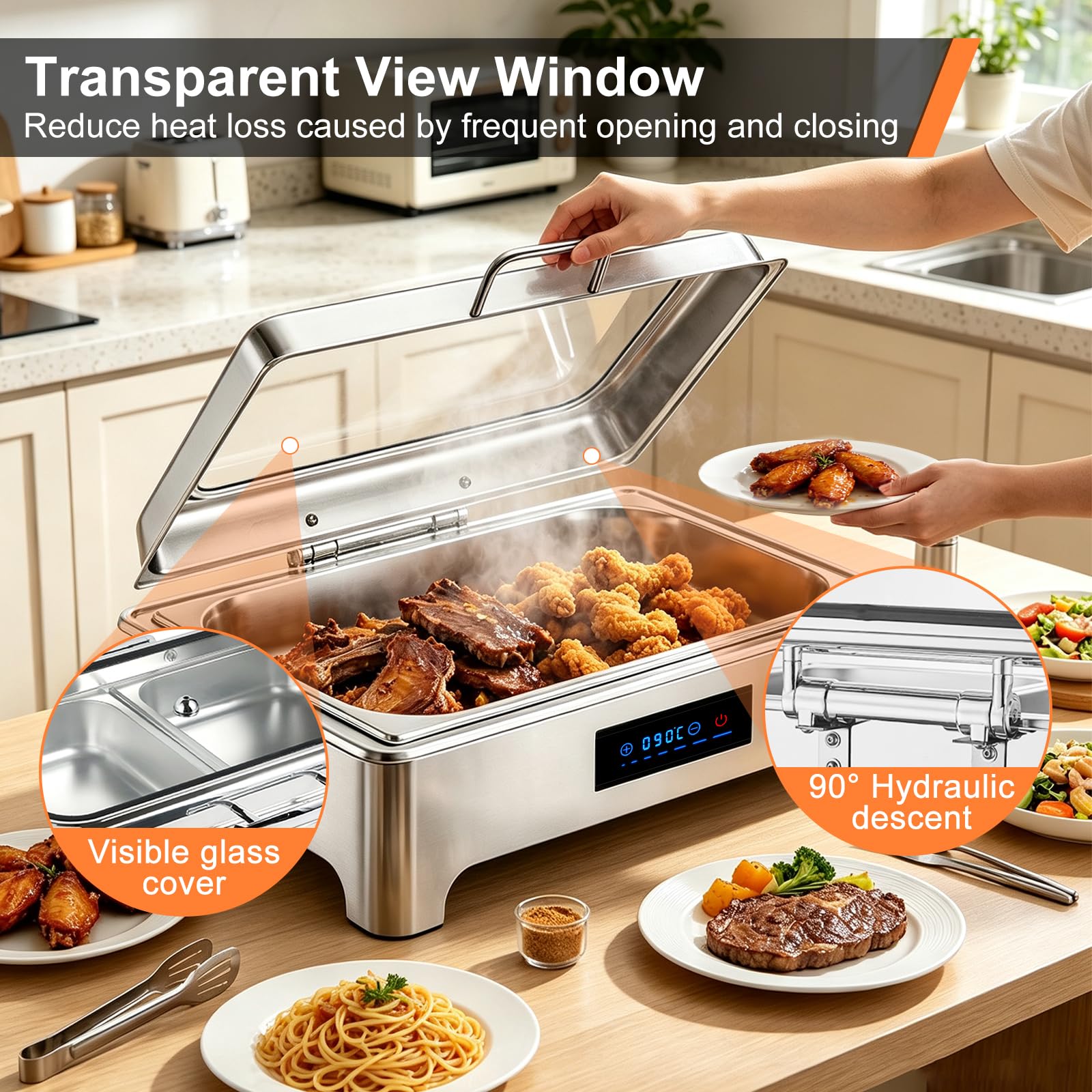 9L Calentador Buffet Electrico, Temperatura Ajustable 30-90℃, 1/1 | Chafing Dish Buffet Electrico, Calentador de Comida Buffet Electrico para Buffet, Catering y Fiestas, Acero Inoxidable
