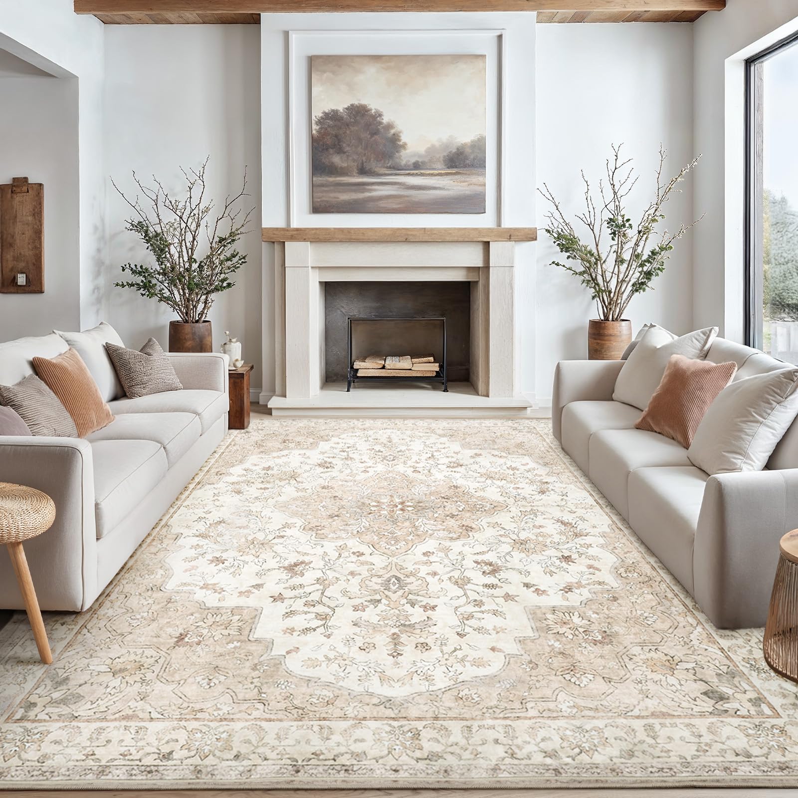 AMADA HOMEFURNISHING 8x10 Washable Area Rug, Low-Profile Large Area Rug with Non-Slip Backing & Durable Edge Binding, Vintage Large Rugs for Living