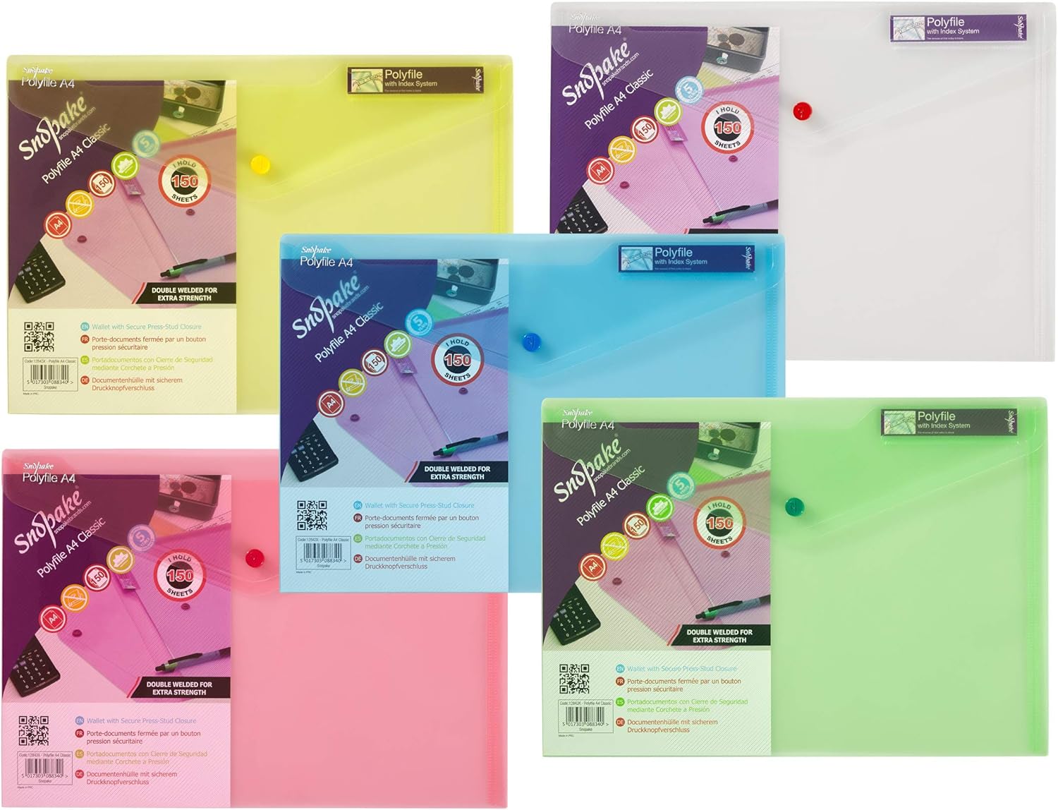 Snopake 12843X Polyfile A4 Popper Wallet File with Press Stud and Index Tab - Classic Assorted Colours (Pack of 5)