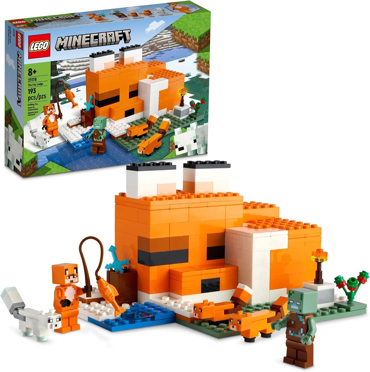 Minecraft The Fox Lodge House 21178 Juguetes de animales con figura de zombi ahogado, regalo de cumpleaños para nietos, niños, niños y niñas a partir de 8 años