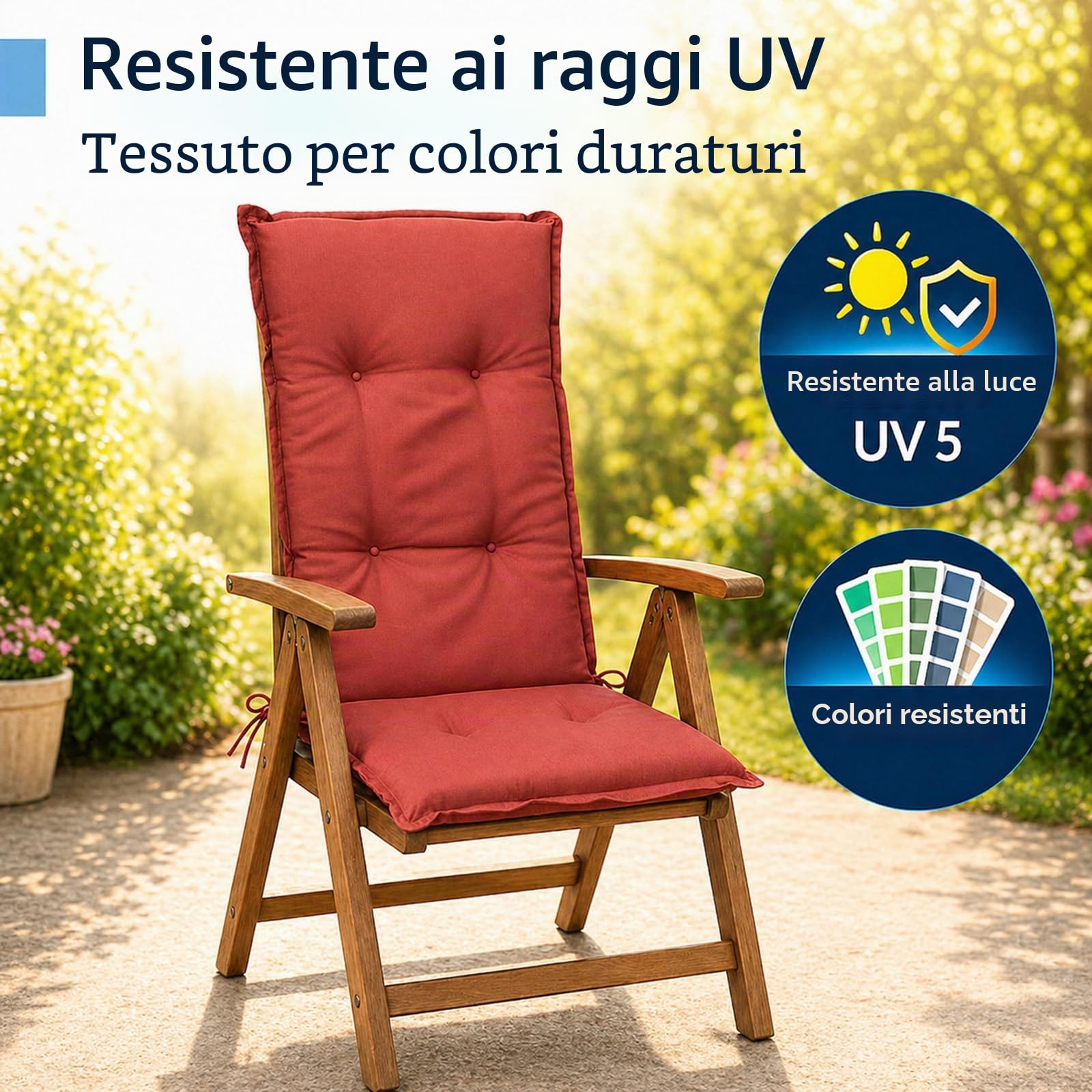 BURI 6 cuscini per sedia da giardino con schienale alto, 117 x 49 x 6 cm, resistenti alle intemperie, con anima in schiuma e tessuto non tessuto, cinghie di fissaggio e laccetti, comodi cuscini per
