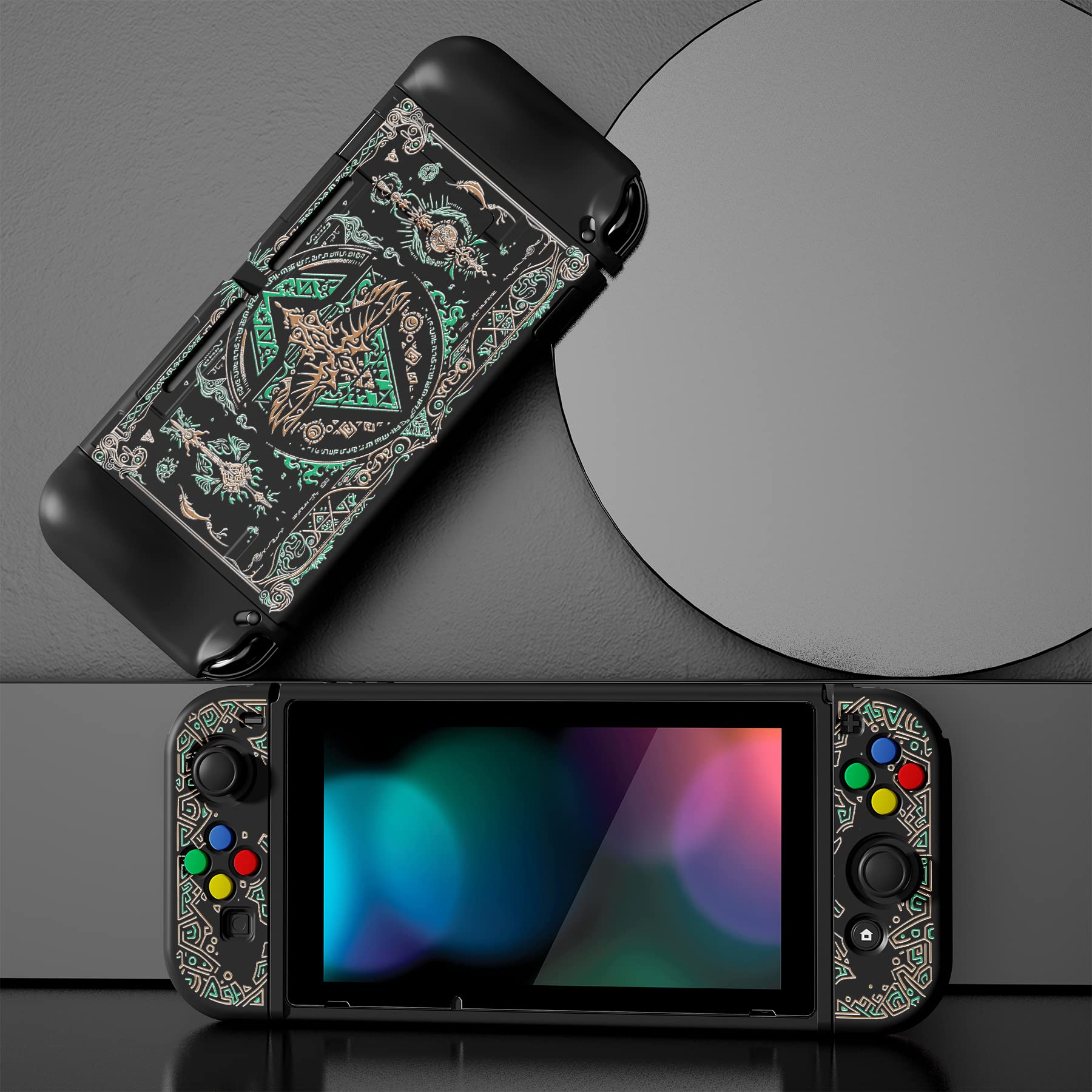 PlayVital ZealProtect Soft Protective Case for Nintendo Switch, Flexible Cover for Switch with Tempered Glass Screen Protector & Thumb Grips & ABXY Direction Button Caps - Totem of Kingdom - 3
