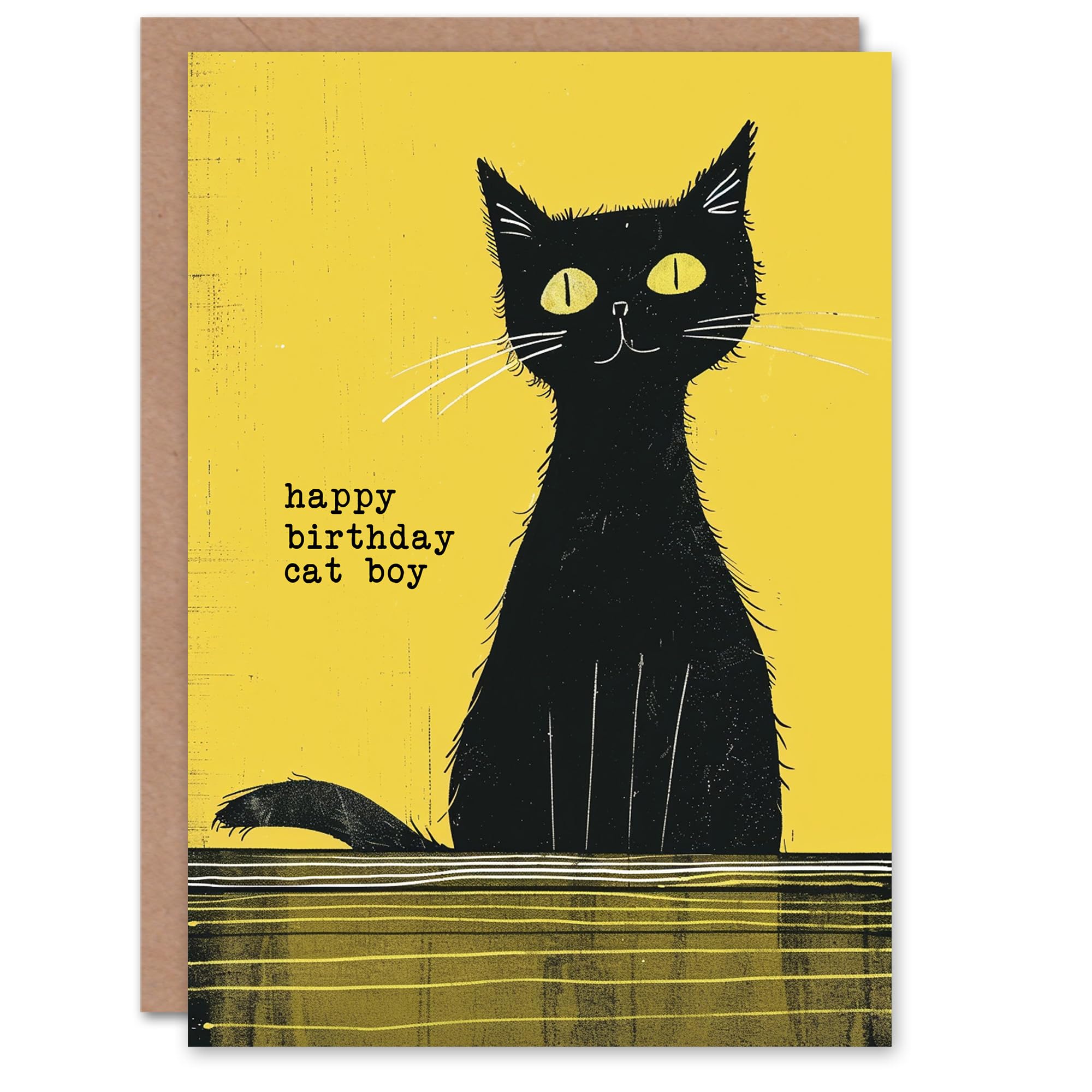 Artery8 Birthday Card Quirky Black Pet Cat Lover Boy Yellow Bright For Son Greeting Card