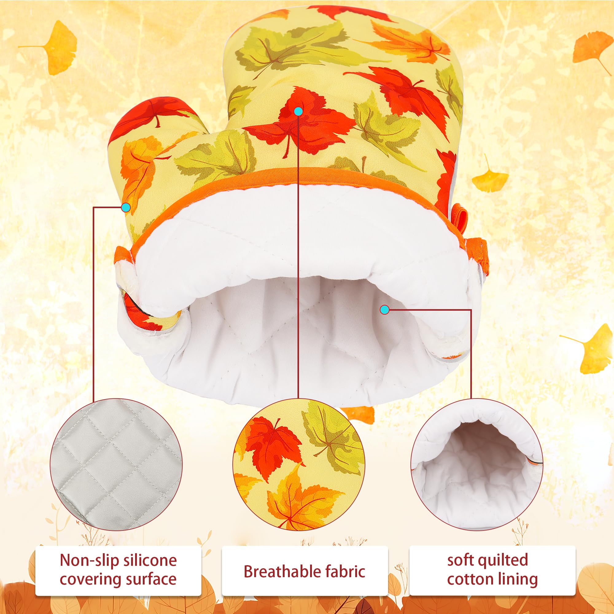 Lucleag Juego de 4 manoplas y soportes para ollas de otoño, Acción de Gracias, otoño, hojas de arce, guantes de horno y agarraderas, resistentes al calor, guantes de cocina antideslizantes para Acción