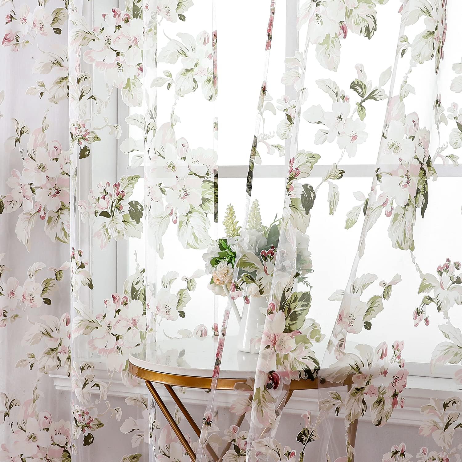 BROSHAN Floral Print Sheer Room Curtains, Pretty Pink Flower Curtain Sheers Sage Green Leaves Pattern Bedroom Curtain Set of 2 Botanical Voile Tulle Window Drapes