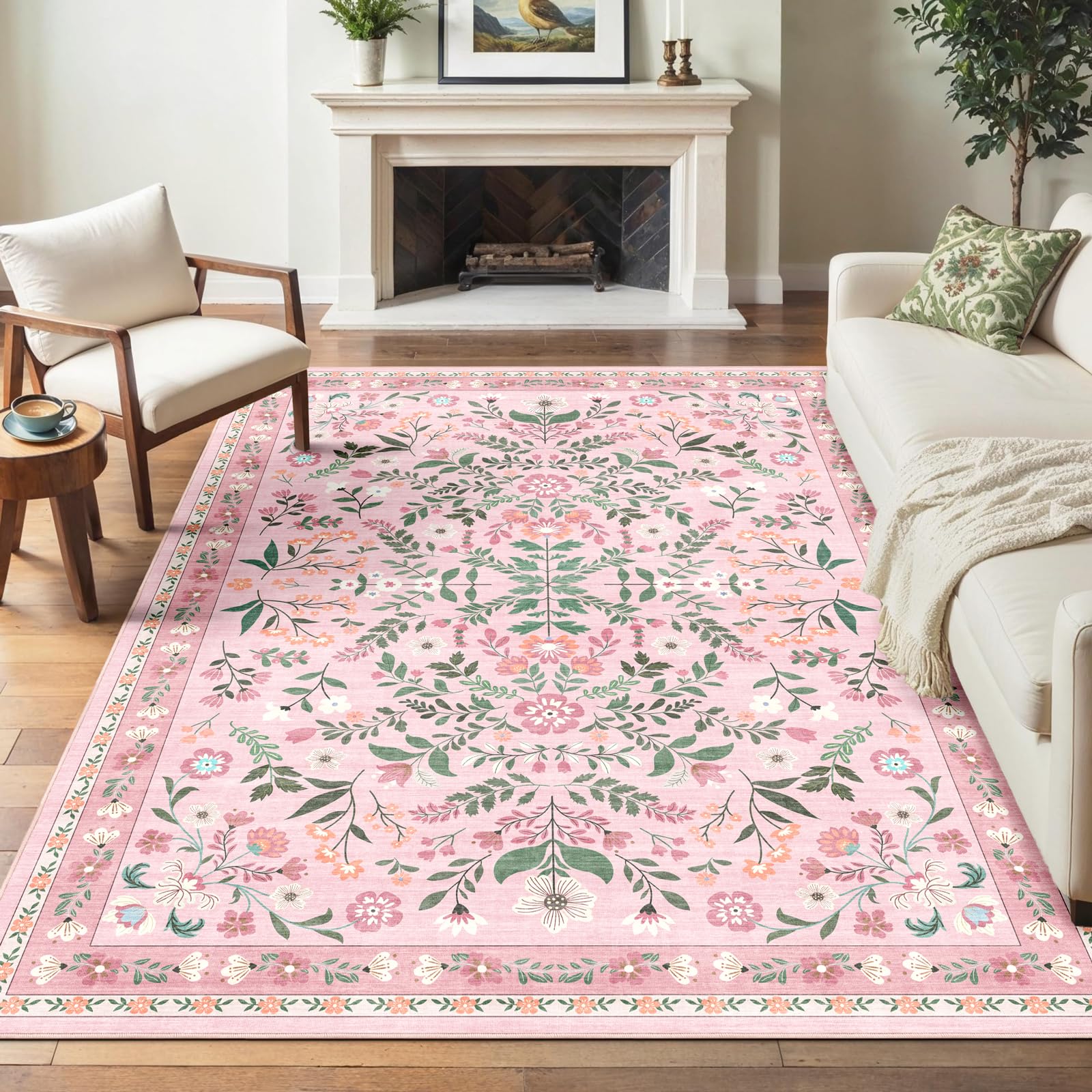 YINGSHANRED Pink 5x8 Floral Rug Washable Area Rug, Non-Slip Living Room Carpet Rugs for Bedroom Low Pile Faux-Wool Stain Resistant Machine Washable