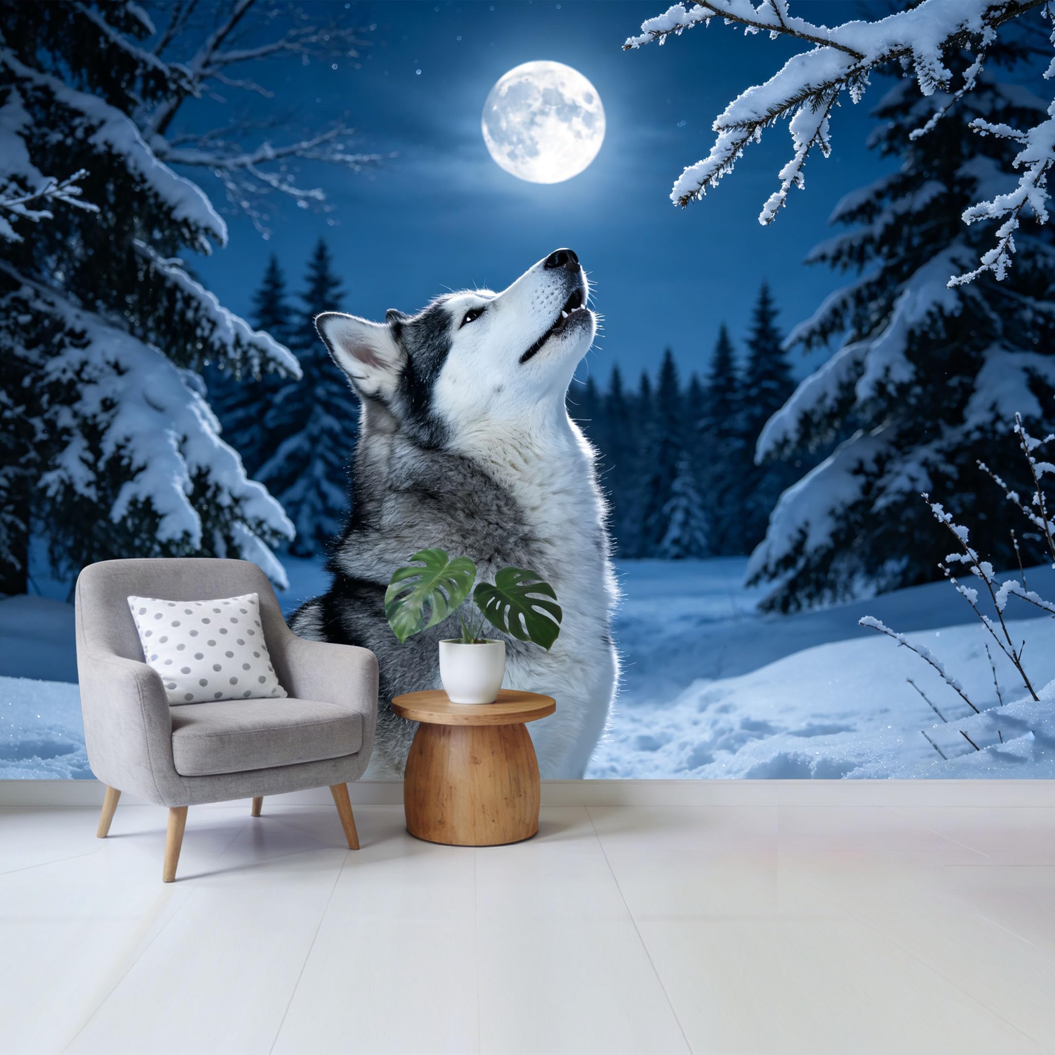 Qzlithotic Yq2605250154 Custom Size Wall Mural Husky Dog Howling Under Full Moon Winter Snowy Forest Landscape Selfadhesive Wall Fabric Removable Wallpaper For Home Office Decor