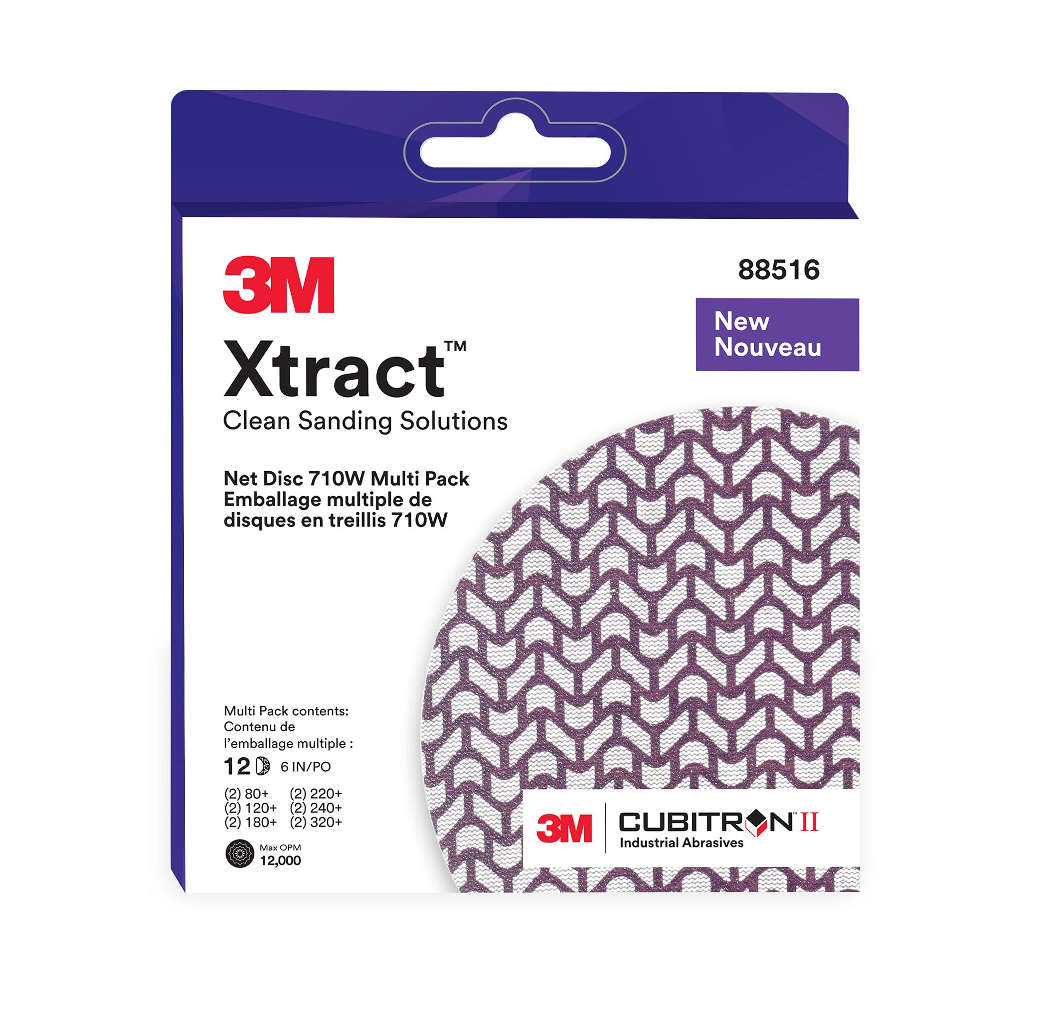 3M Xtract Net Disc 710W, 6 in, 12 Piece Multi-Pack Hook and Loop Sanding Discs, 80+, 120+, 180+, 220+, 240+, 320+, Virtually Dust-Free, Assorted Grades, 66585 , Purple