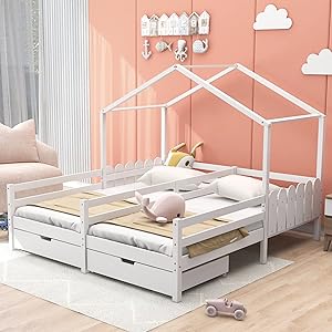 Cama doble para cama infantil, cuna con 2 cajones de MDF, cajones con ruedas, somier de láminas de pino