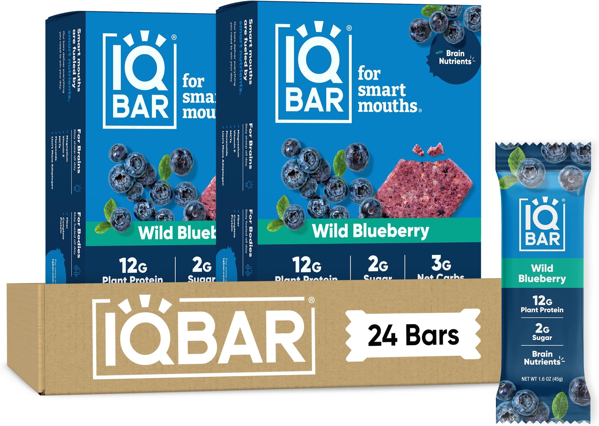 IQ BAR Brain and Body Plant Protein s - Wild Blueberry - 24 Count, Low Carb, High Fiber, Gluten Free, Healthy Vegan Snacks - Low Sugar Keto Pack