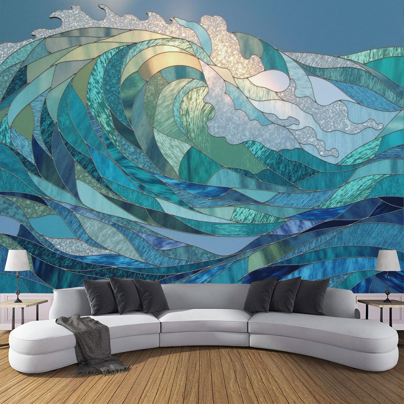 Papier peint panoramique vagues bleu intissé décoration murale salon