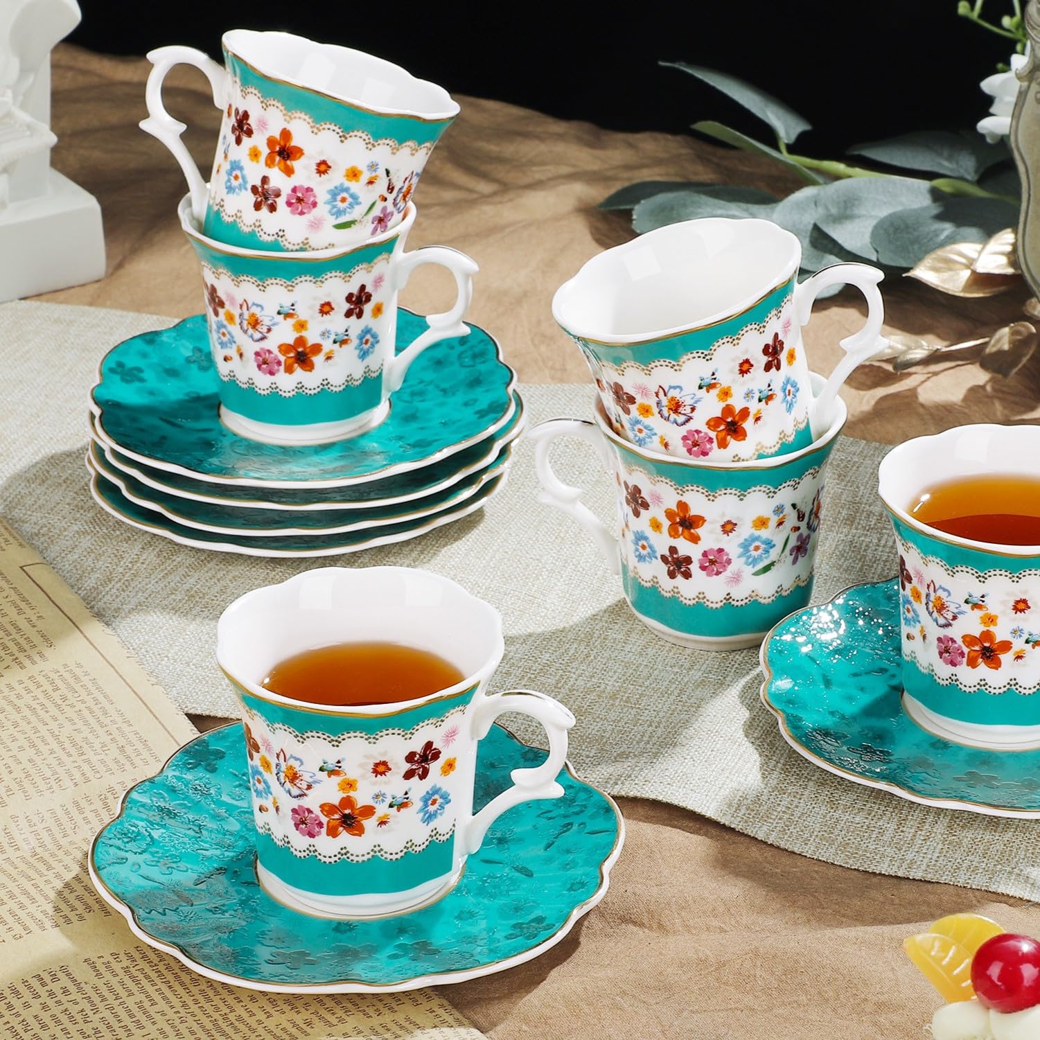 fanquare 80ml tazas de espresso vintage juego de 6, 12 piezas tazas de espresso de cerámica y platillos, verde y patrón de flores tazas para el bar en casa