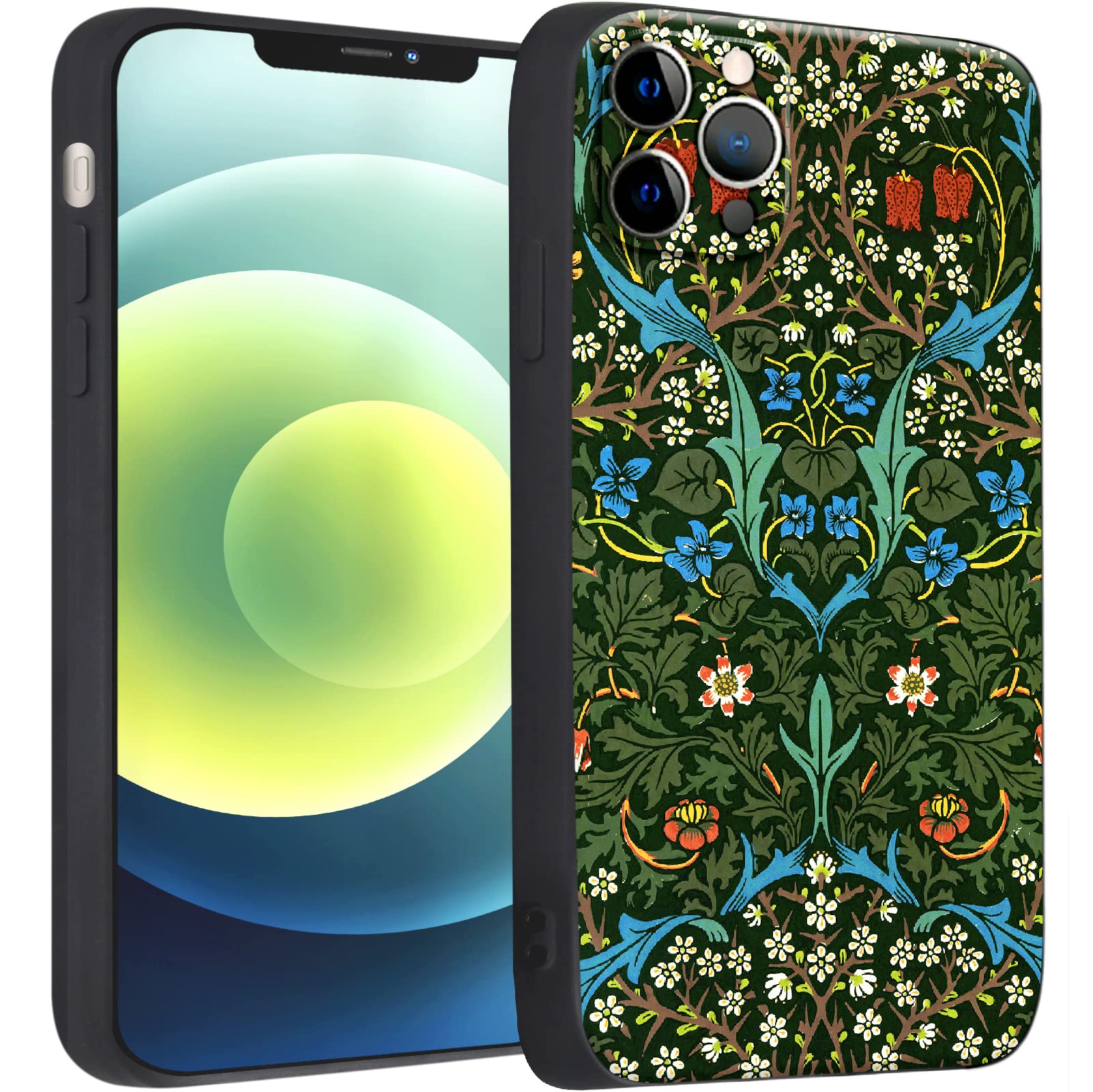 Compatible with iPhone 12 Pro Cute Art Silicone Case with Design for Women Shockproof Slim Green Blooming Flower Botanical Elegant Floral Aesthetic with Screen Protector(Blackthorn by William Morris)