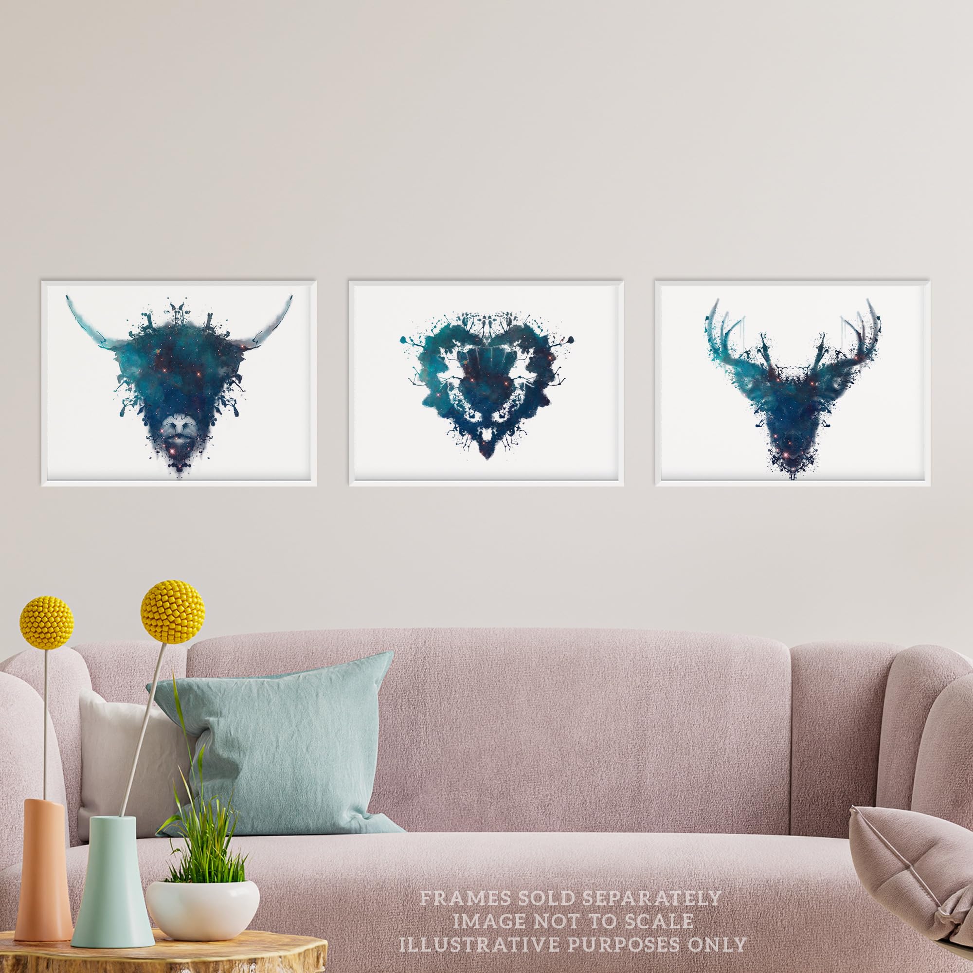 Wee Blue Coo Pack of 3 A4 Ink Splat Thistle Heart Flower Hairy Coo Cow and Stag Celestial Space Scottish Painting Unframed Wall Art Living Room Prints Set - Image 2