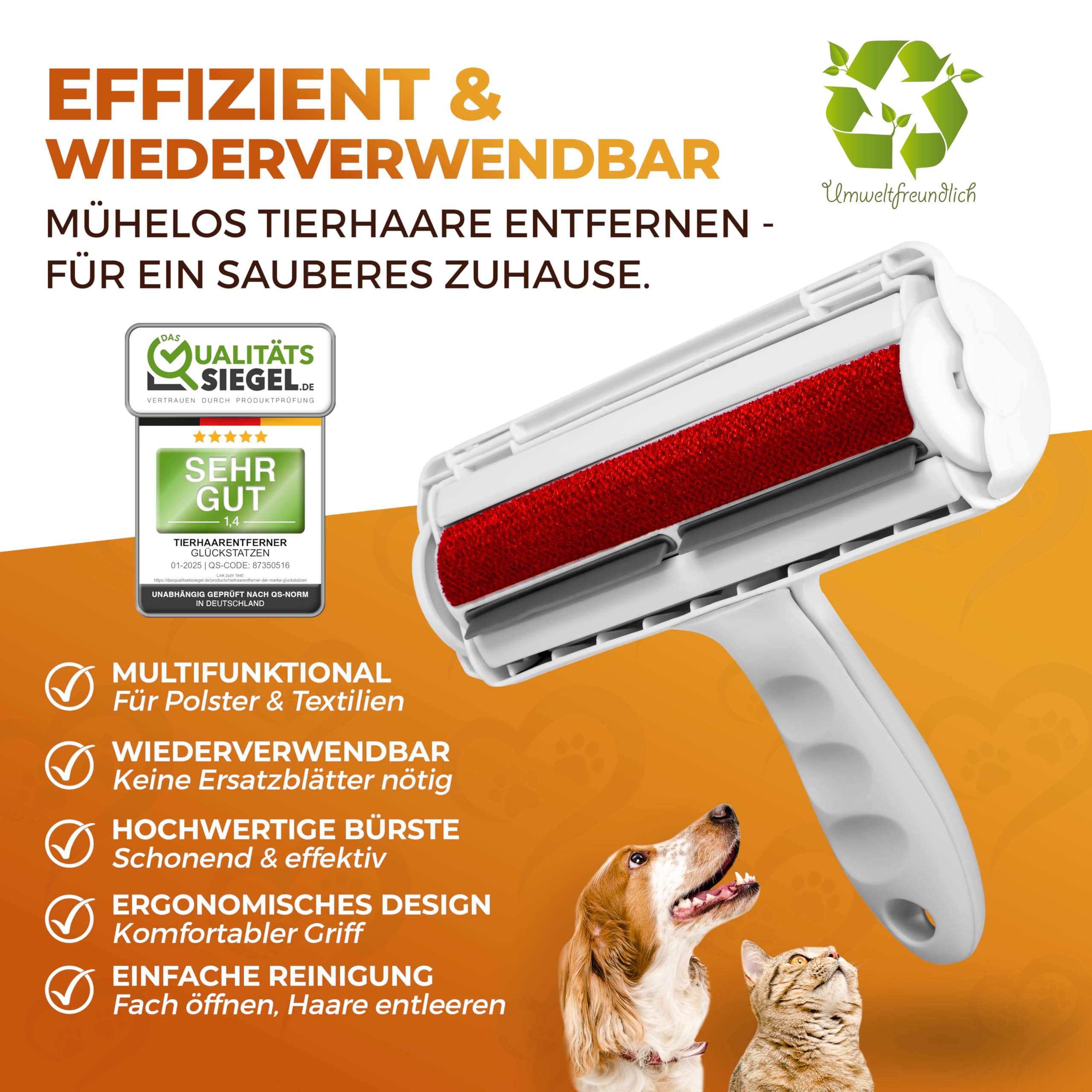 Tierhaarentferner & Fusselbürste für Hunde- und Katzenhaare – Wiederverwendbarer Haarentferner für Sofa, Auto, Teppich & Bett – Fusselroller ohne Kleber mit Auffangbehälter
