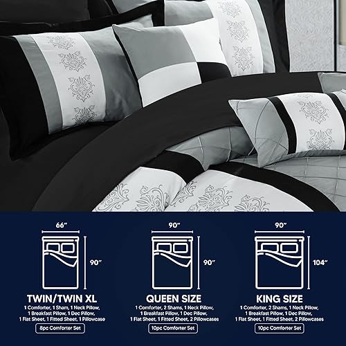 Miniatura 6 de Juego de ropa de cama de 10 piezas Chic Home con edredón con cierre fruncido, para cama king, todo en una bolsa, Microfibra, gris, gemelo