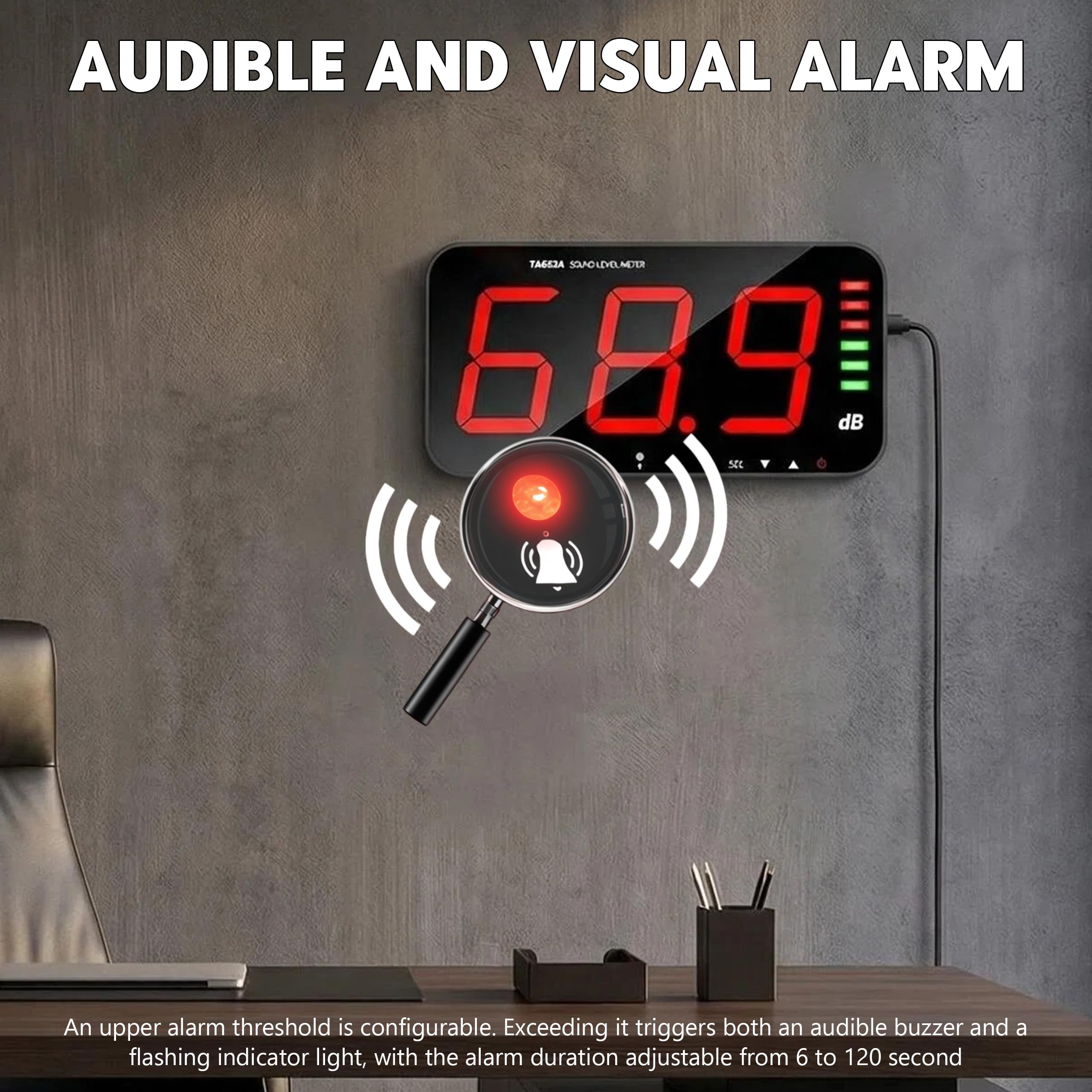 Dezibelmessgerät 13 Zoll, 30-130 DB Digitaler Schallpegel-Messgerät mit Großem LED-Display, Akustischer und optischer Alarm, Computerkommunikations und Datenspeicherfunktionen für Schulen, Büros