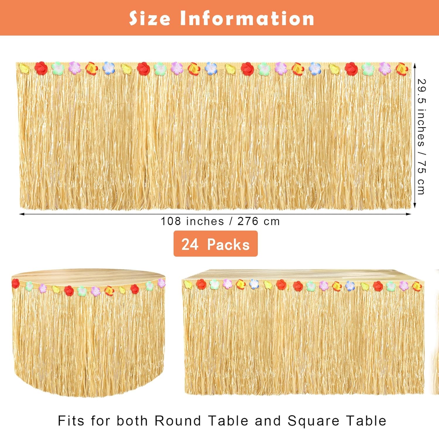 Fovths 24 Pack Luau Grass Table Skirt Natural 9 Feet x 29.5 Inch Hawaiian Table Skirt for Tropical Hawaiian Party Decorations Luau Party Costume Party, Straw Yellow