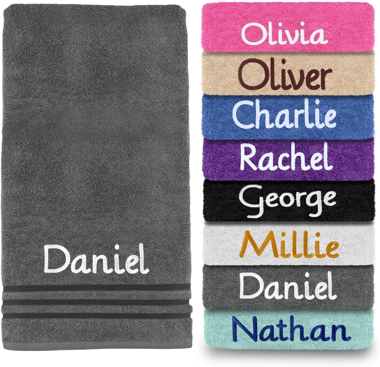 Personalised Embroidered Towels Set ANY NAME | Face Cloth | Hand Towel | Bath Towel | Bath Sheet | Beach Swimming Towel | Supreme 100% Egyptian Cotton 550GSM (Hand Towel, Grey)
