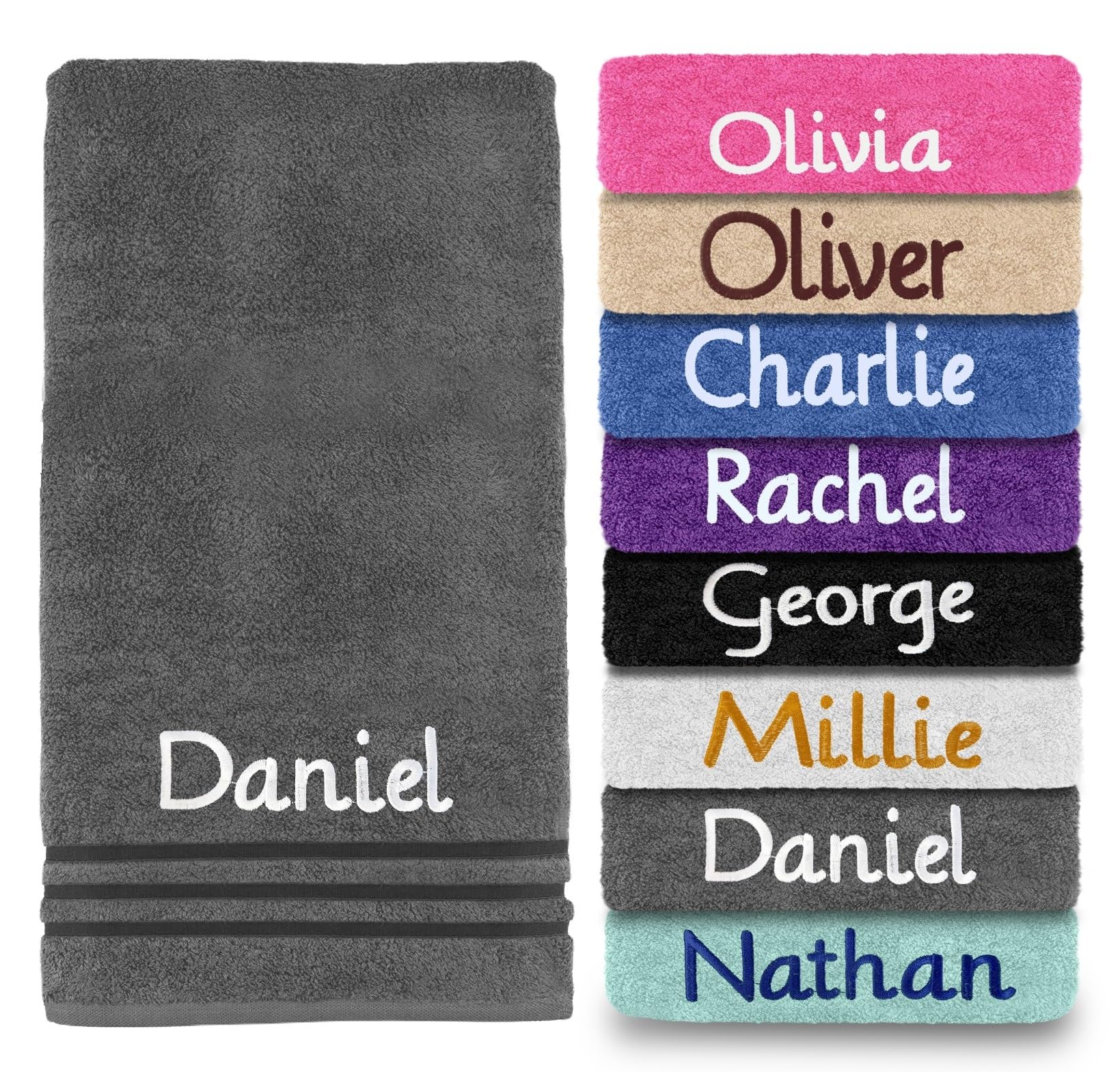 Dream Zone Personalised Embroidered Towels Set ANY NAME | Face Cloth | Hand Towel | Bath Towel | Bath Sheet | Beach Swimming Towel | Supreme 100% Egyptian Cotton 550GSM (Bath Sheet, Grey) โ image 1